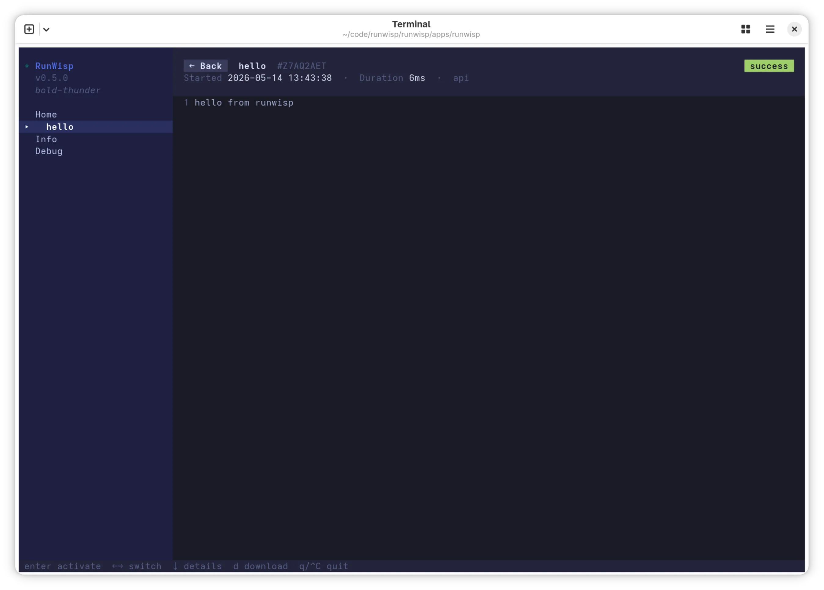 TUI exec view mid-run for the hello task: run ID and elapsed time in the header, line-numbered log output streaming below.