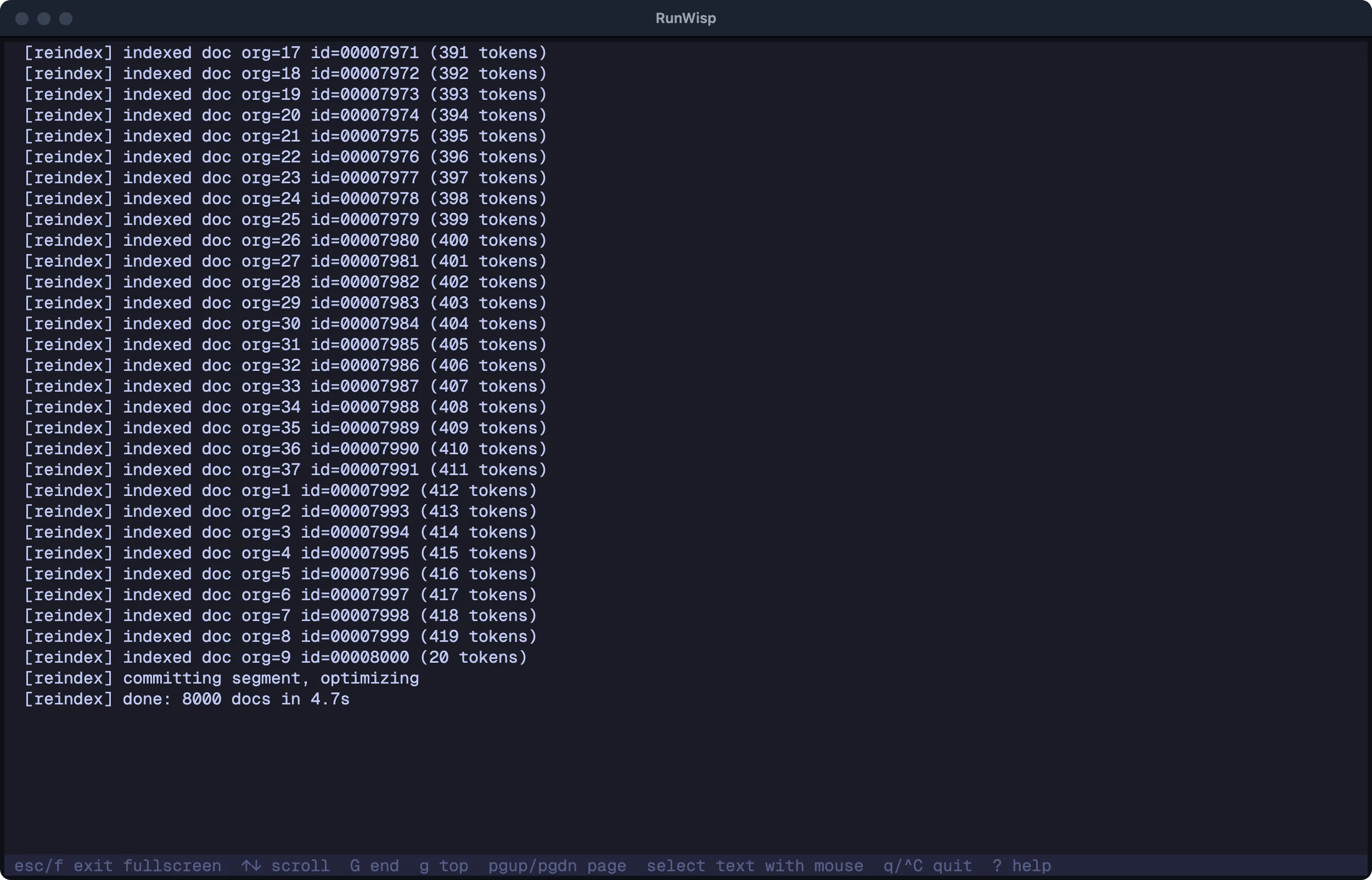 TUI fullscreen log view: no sidebar, no header, pure log lines filling the terminal.