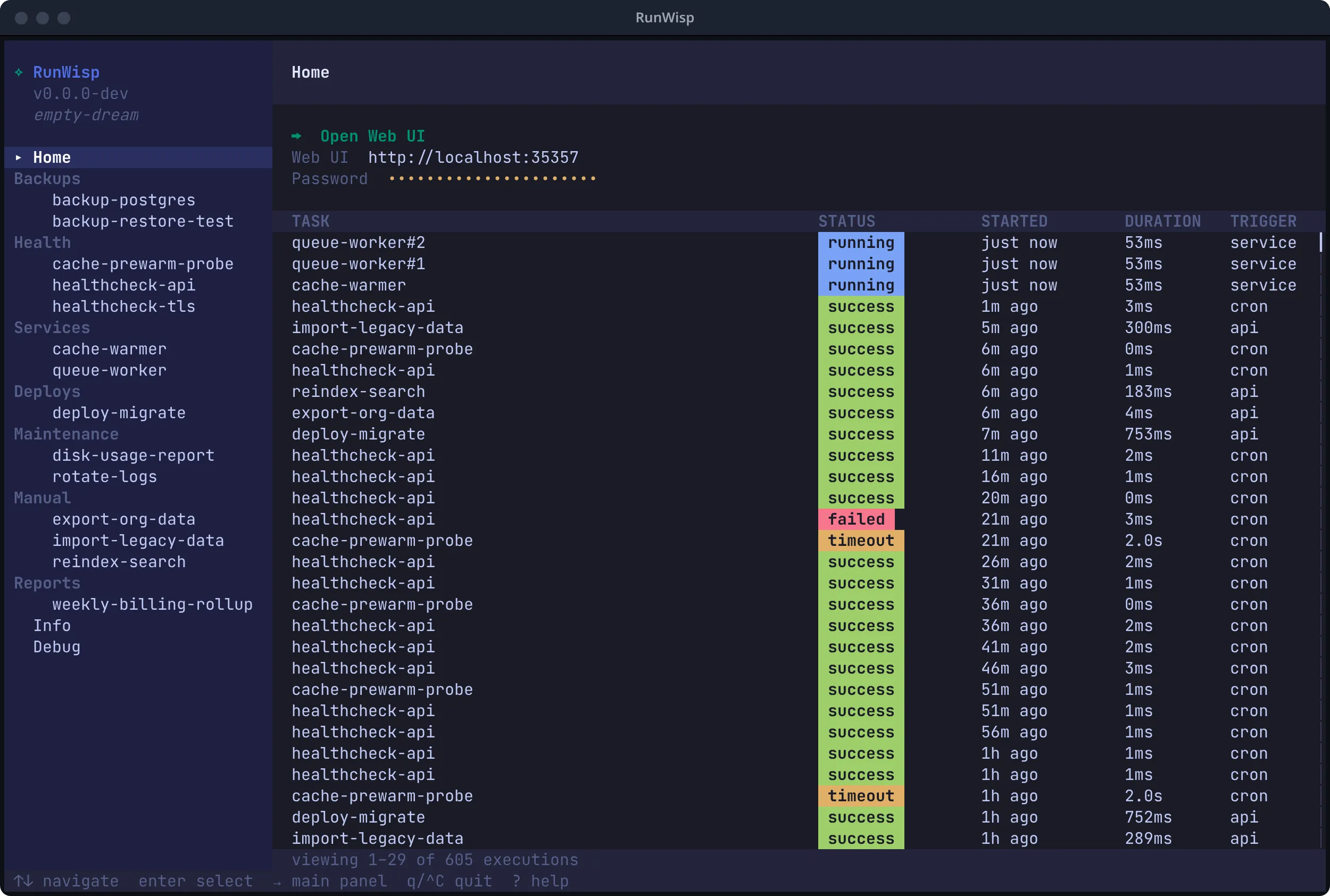 TUI Home page: sidebar listing task groups, right pane showing Open Web UI row, Web UI URL, masked password, and a recent-activity table with status, duration, and trigger columns.