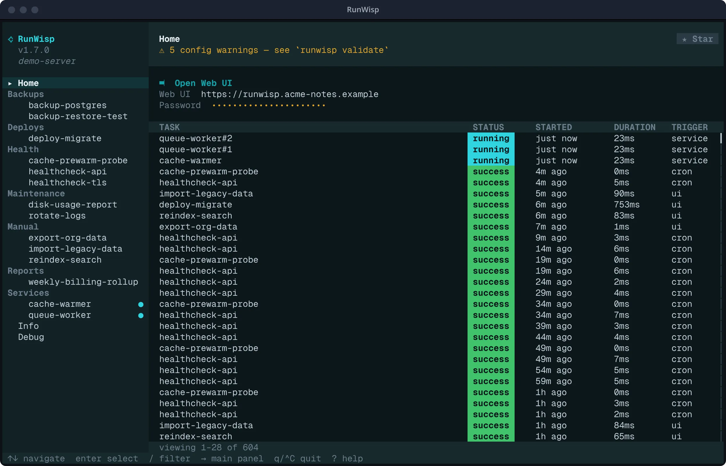 TUI Home page: sidebar with task groups, right pane showing Open Web UI row, Web UI URL, masked password, and a recent-activity table.
