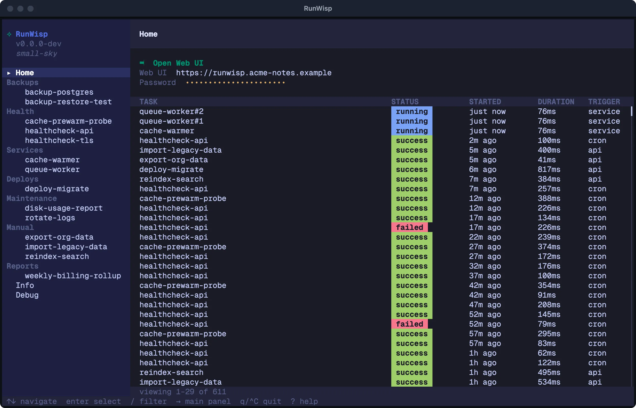 TUI Home page: sidebar listing task groups, right pane showing Open Web UI row, Web UI URL, masked password, and a recent-activity table with status, duration, and trigger columns.