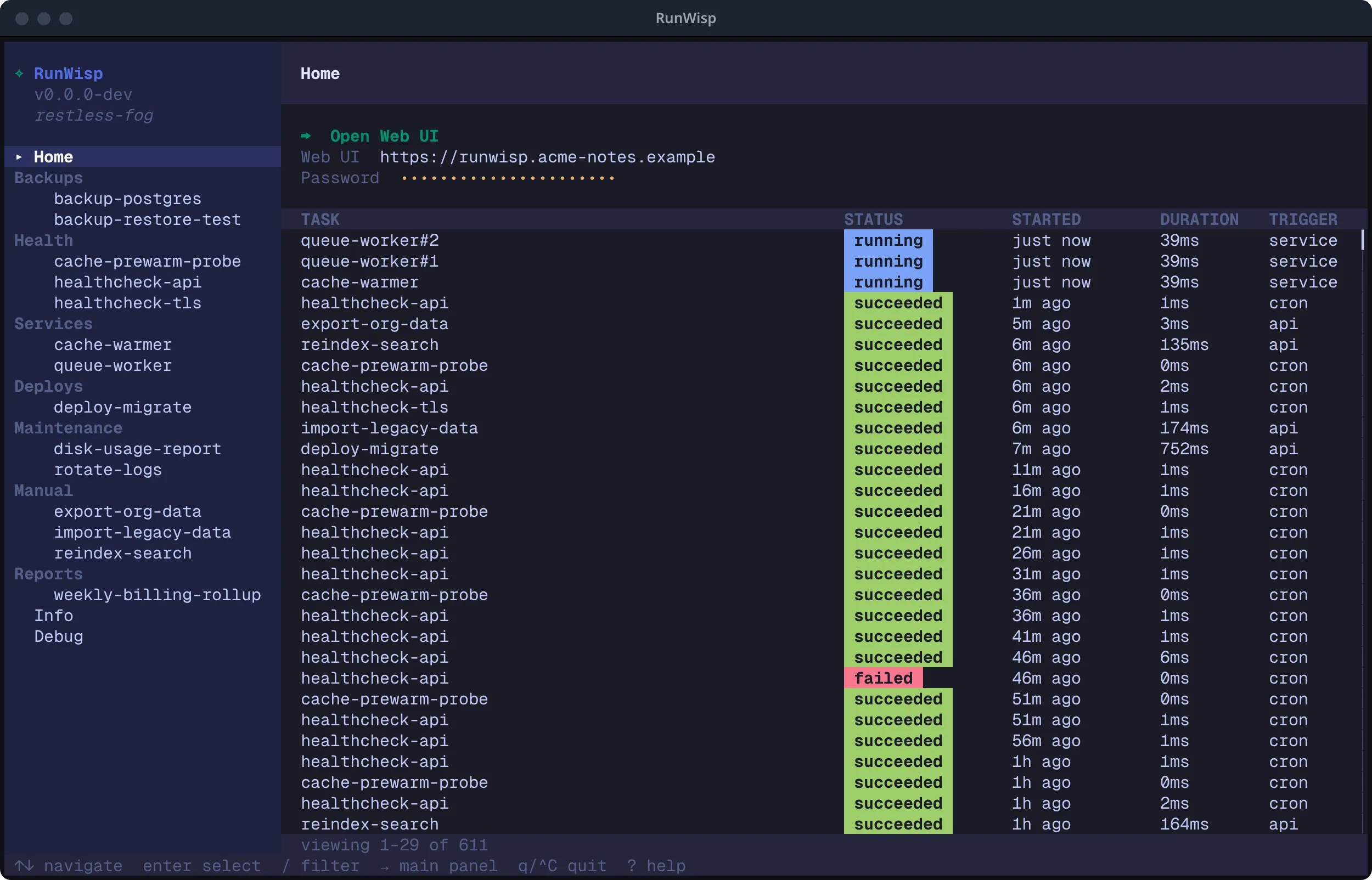TUI Home page: sidebar with task groups, right pane showing Open Web UI row, Web UI URL, masked password, and a recent-activity table.