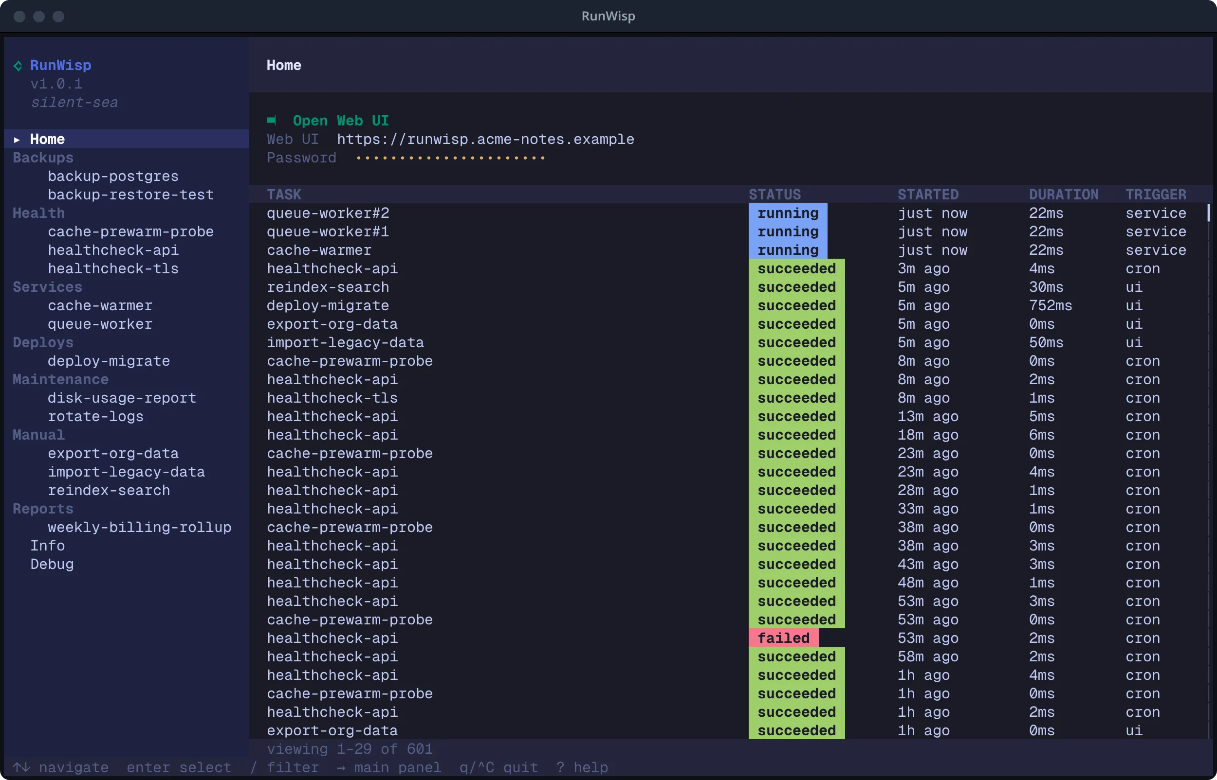 TUI Home page: sidebar listing task groups, right pane showing Open Web UI row, Web UI URL, masked password, and a recent-activity table with status, duration, and trigger columns.