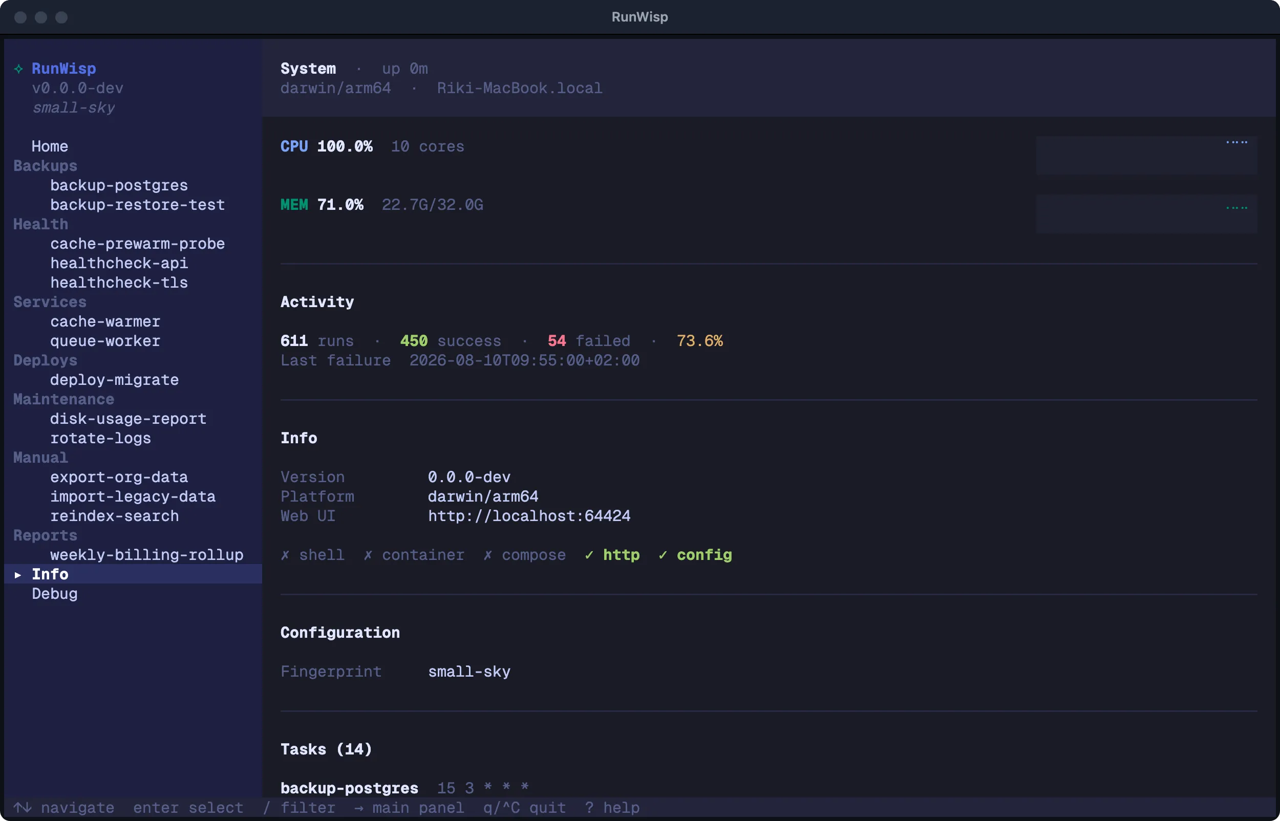 TUI Info page: CPU and memory sparklines, activity summary, version and platform details, configuration checkmarks, and task list.