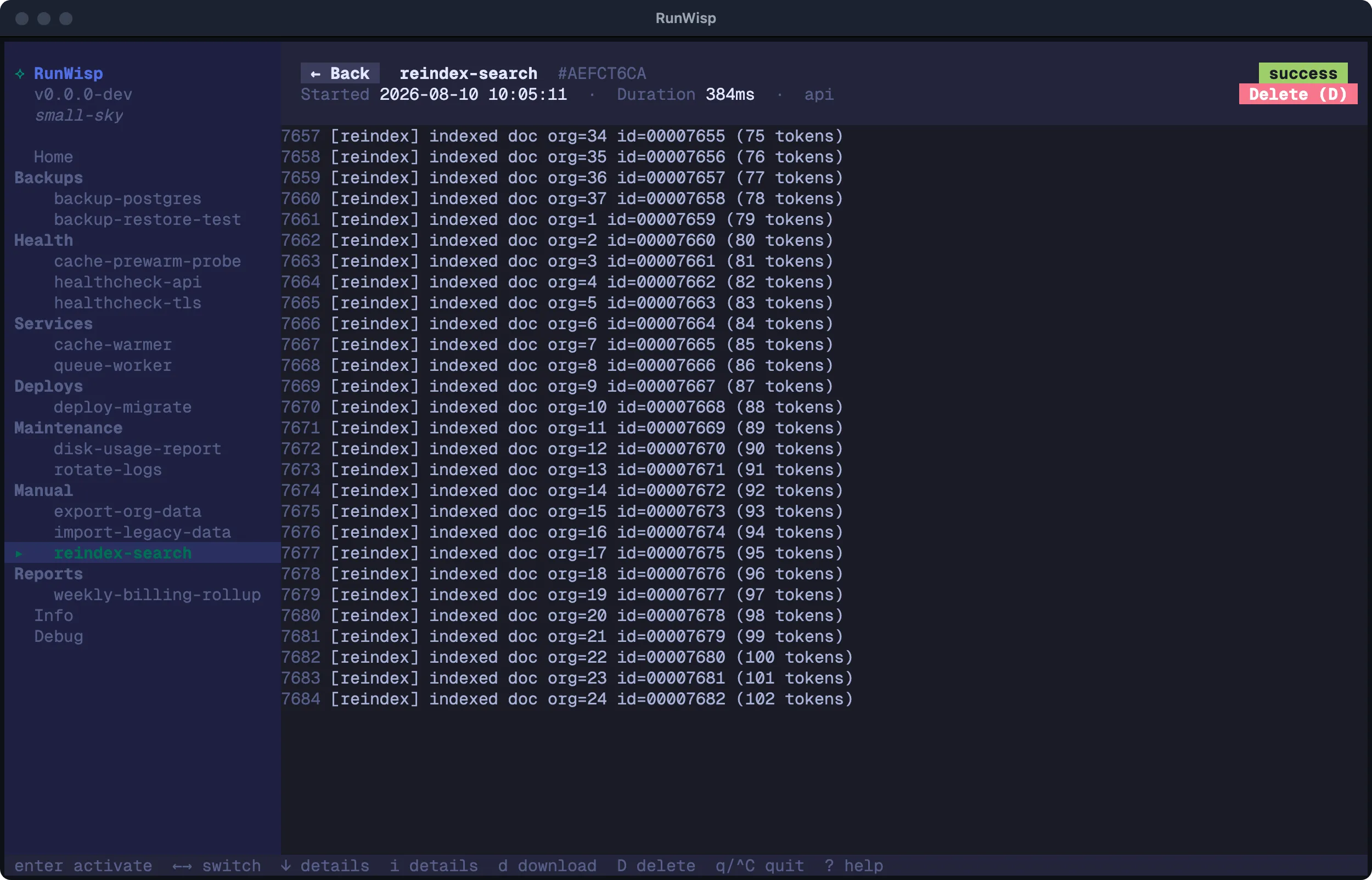 TUI run detail for reindex-search: header with Back button, run ID, timestamp, duration, SUCCESS badge, and exit code; line-numbered log output below.