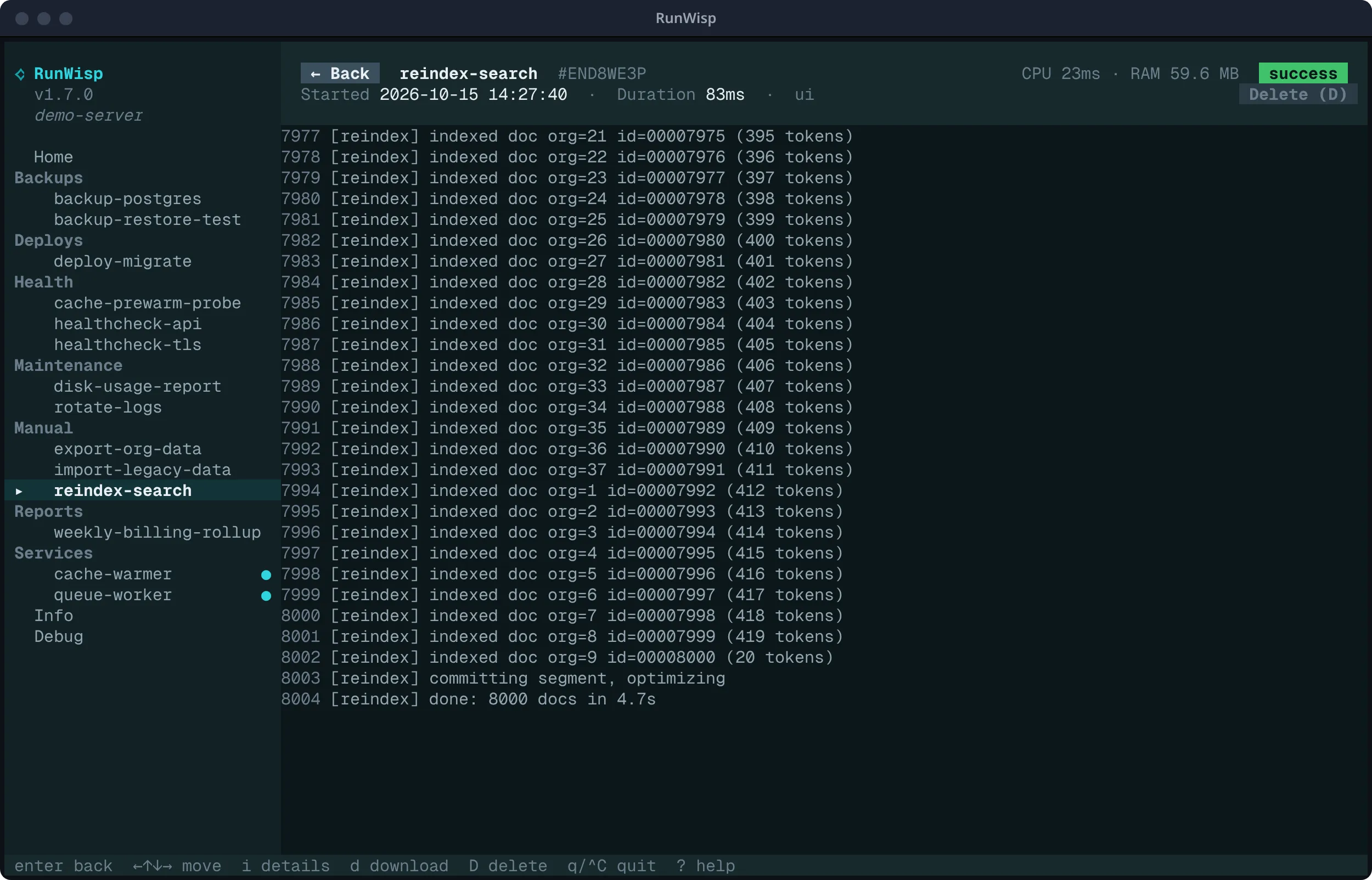 TUI run detail view: header with task name, run ID, timestamp, duration, and status badge; line-numbered log output below.