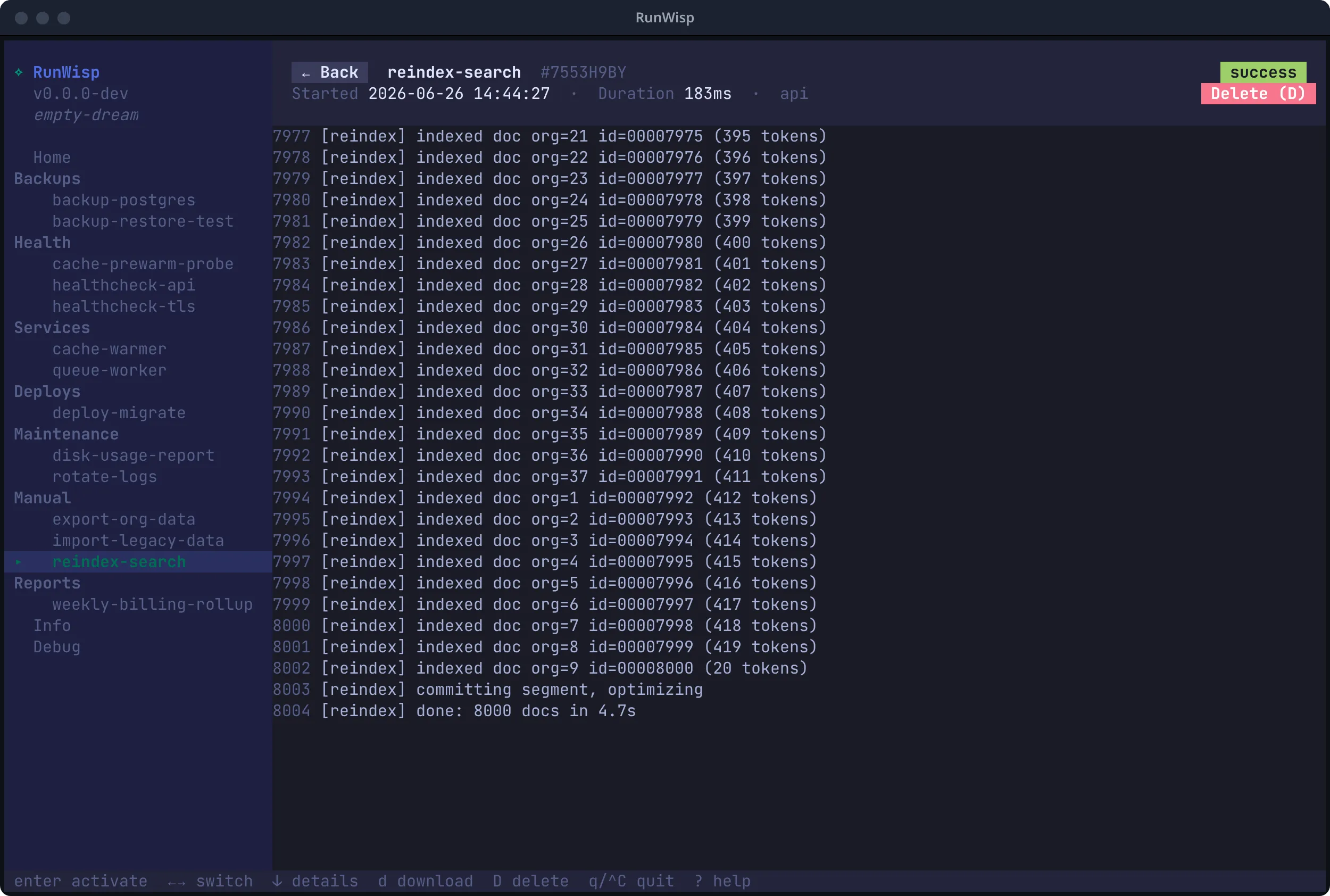 TUI run detail for reindex-search: header with Back button, run ID, timestamp, duration, SUCCESS badge, and exit code; line-numbered log output below.