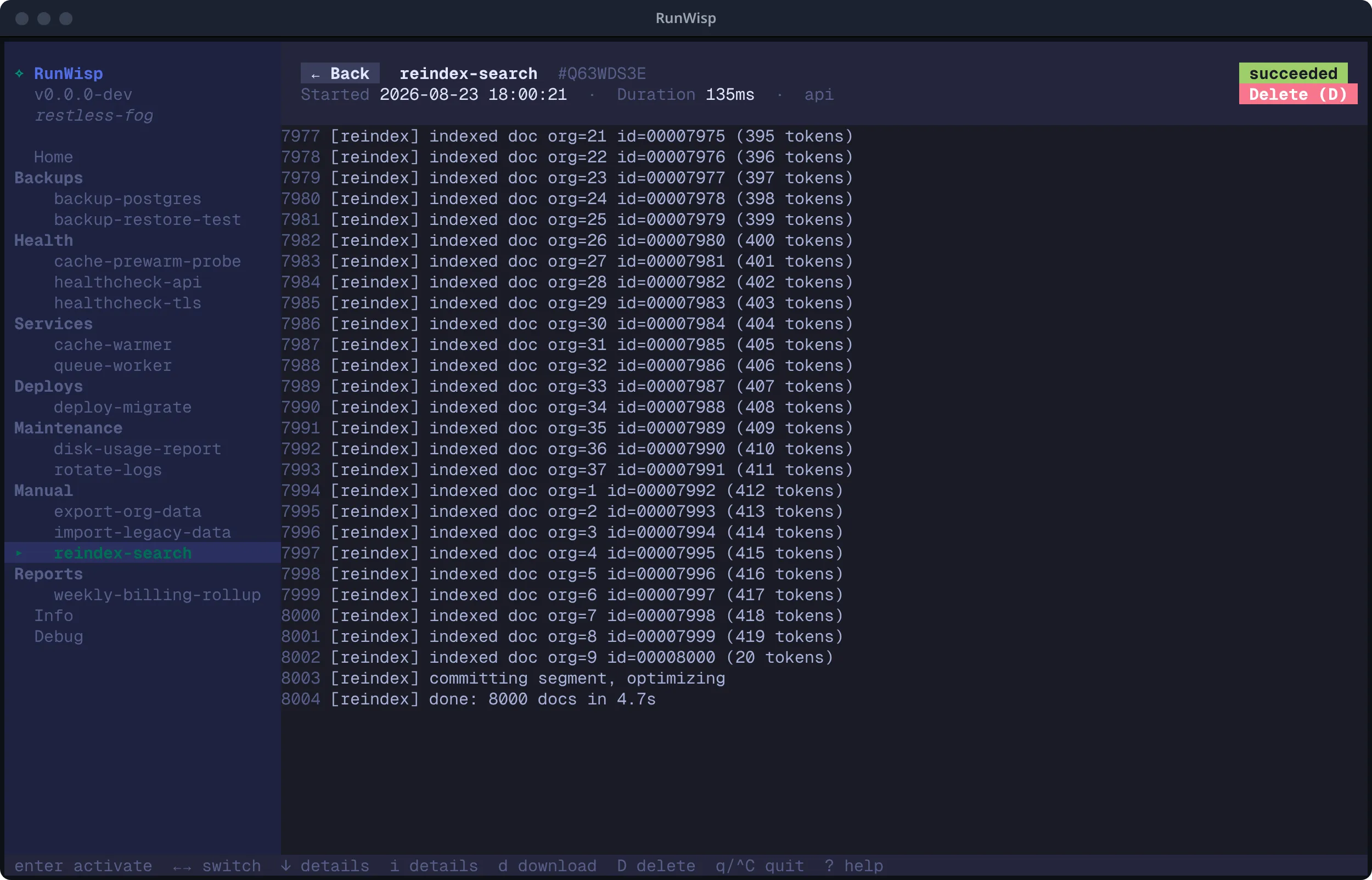 TUI run detail view: header with task name, run ID, timestamp, duration, and status badge; line-numbered log output below.