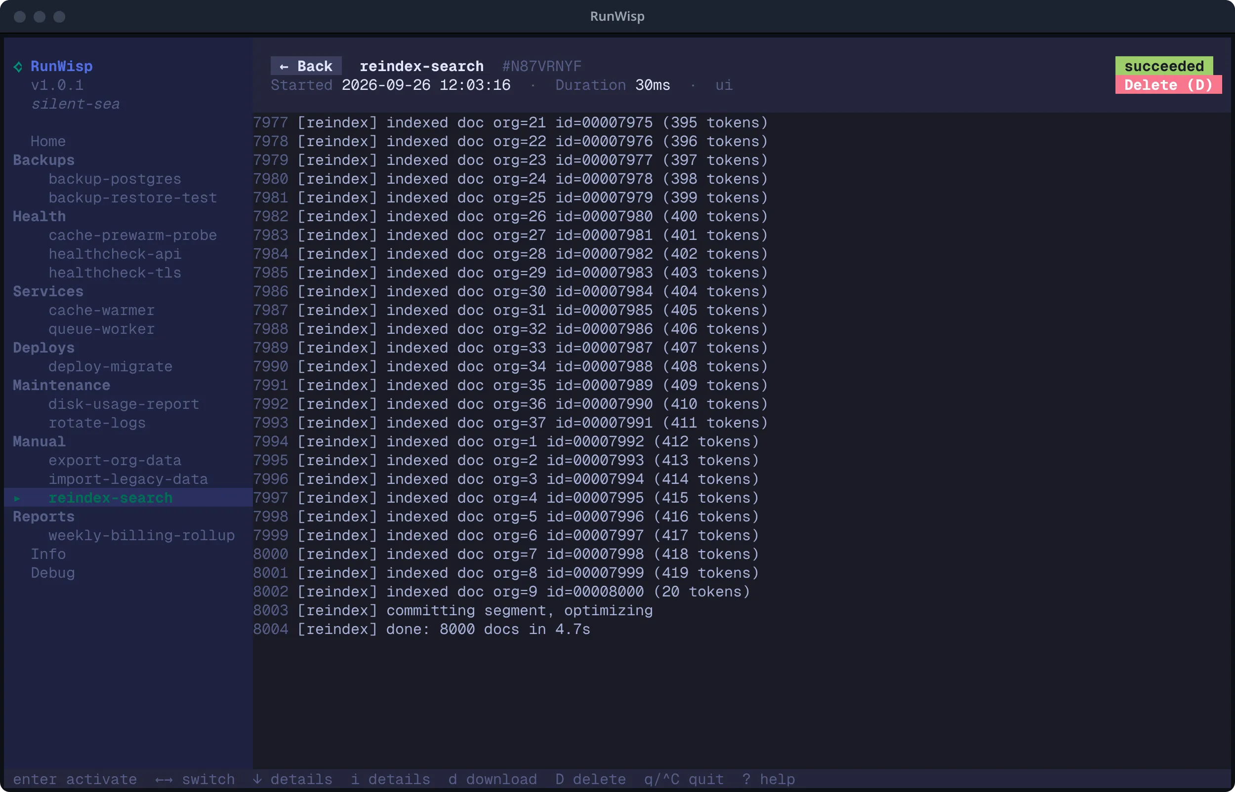 TUI run detail for reindex-search: header with Back button, run ID, timestamp, duration, and status badge; line-numbered log output below.