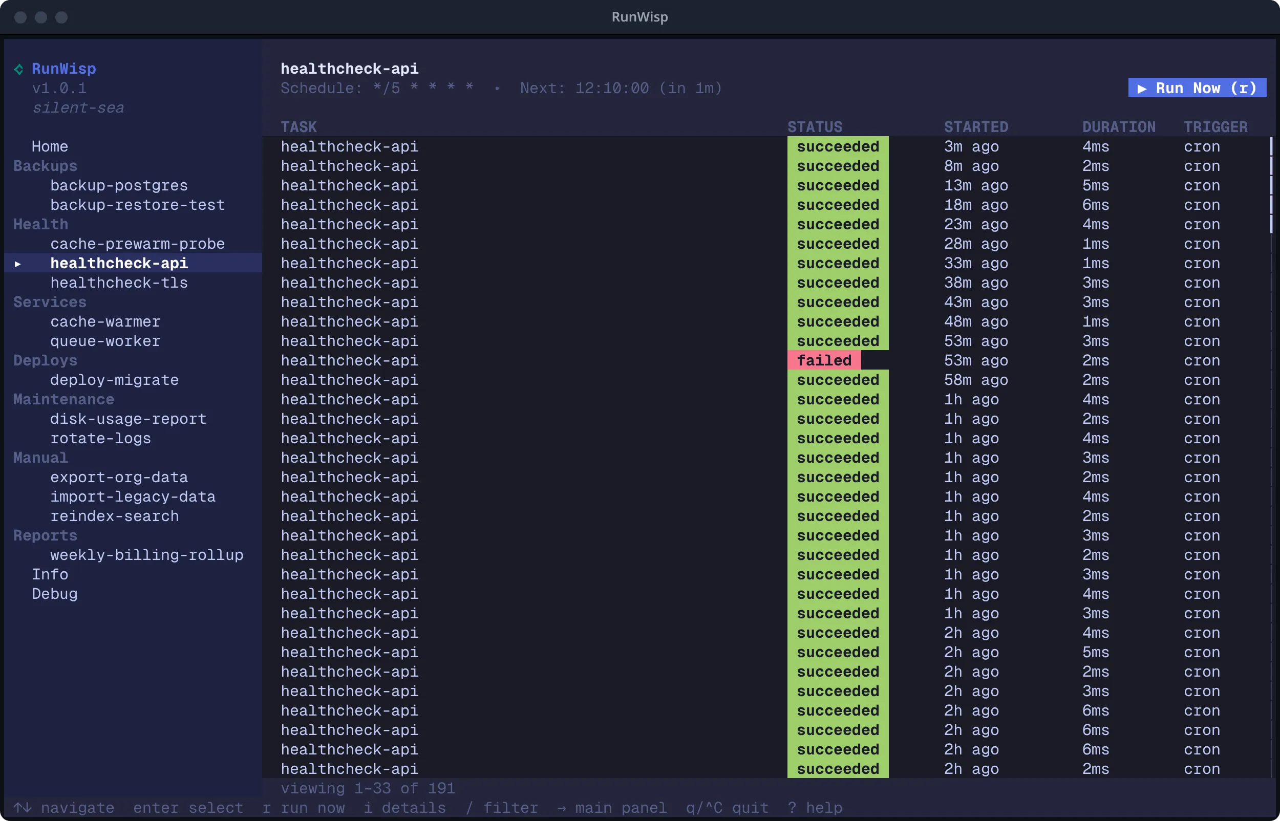 TUI task detail for healthcheck-api: header with task name, cron schedule, next-fire countdown, and Run Now button; run history table below showing status, start time, duration, and trigger columns.