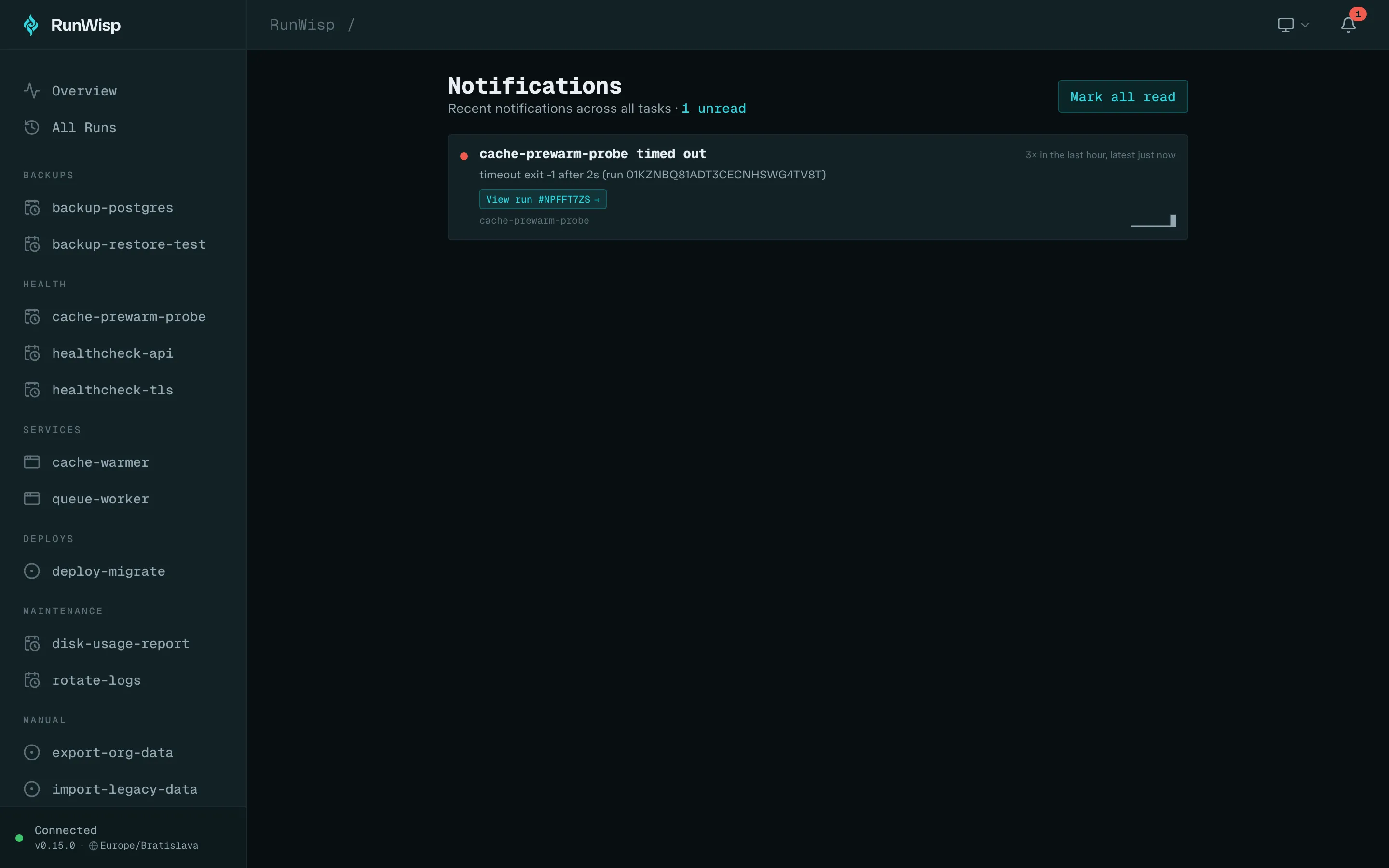 The full /notifications page: history across all tasks with the unread count at the top.