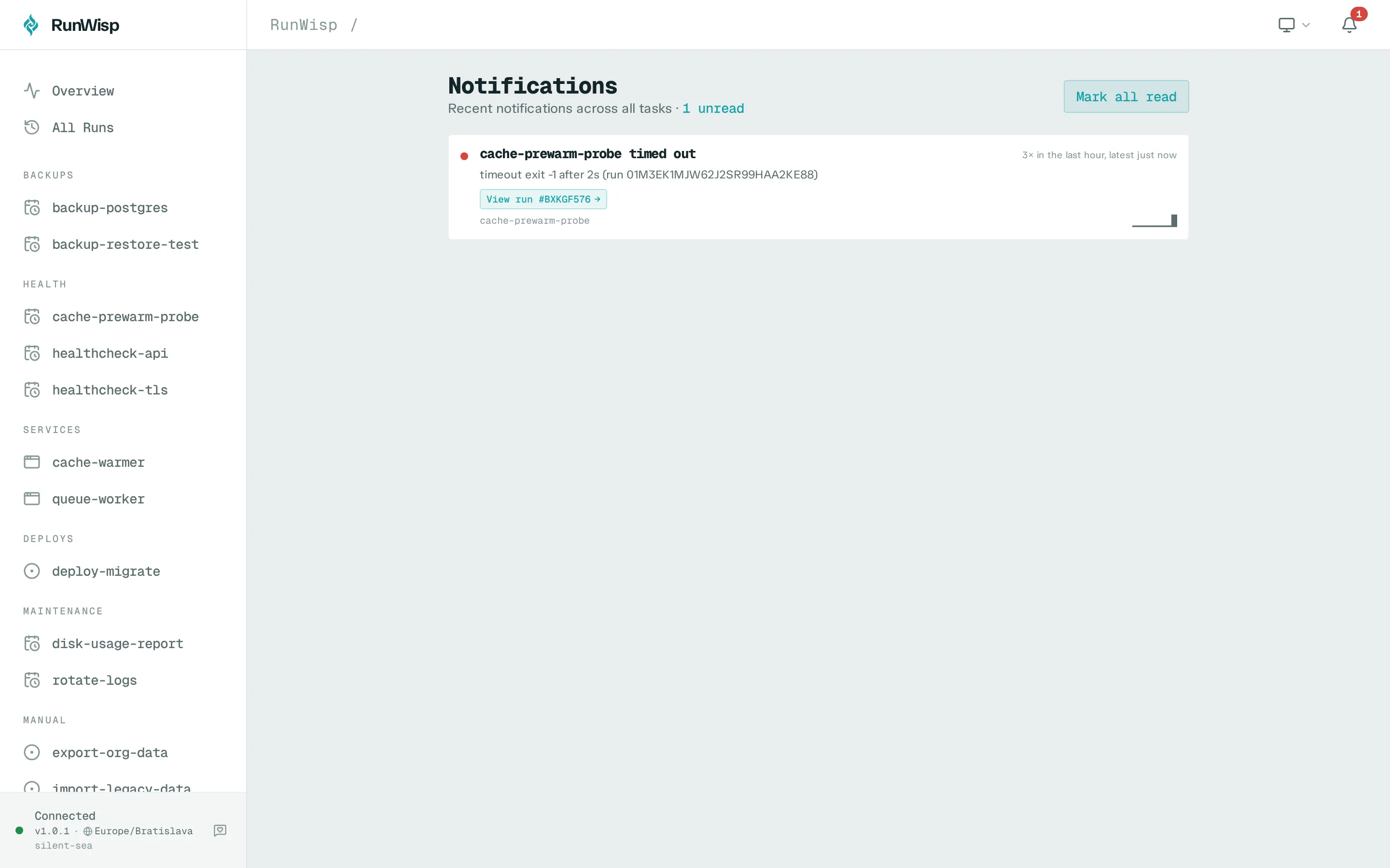 The full /notifications page: history across all tasks with the unread count at the top.