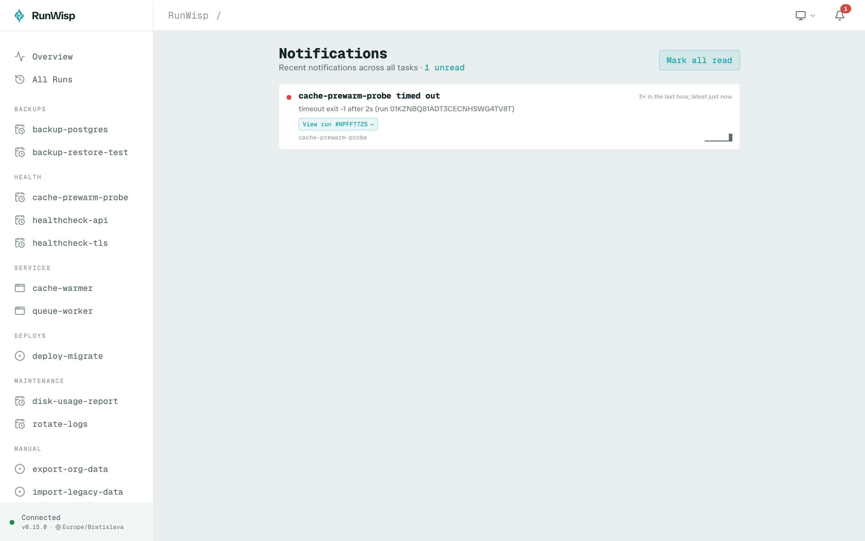 The full /notifications page: history across all tasks with the unread count at the top.