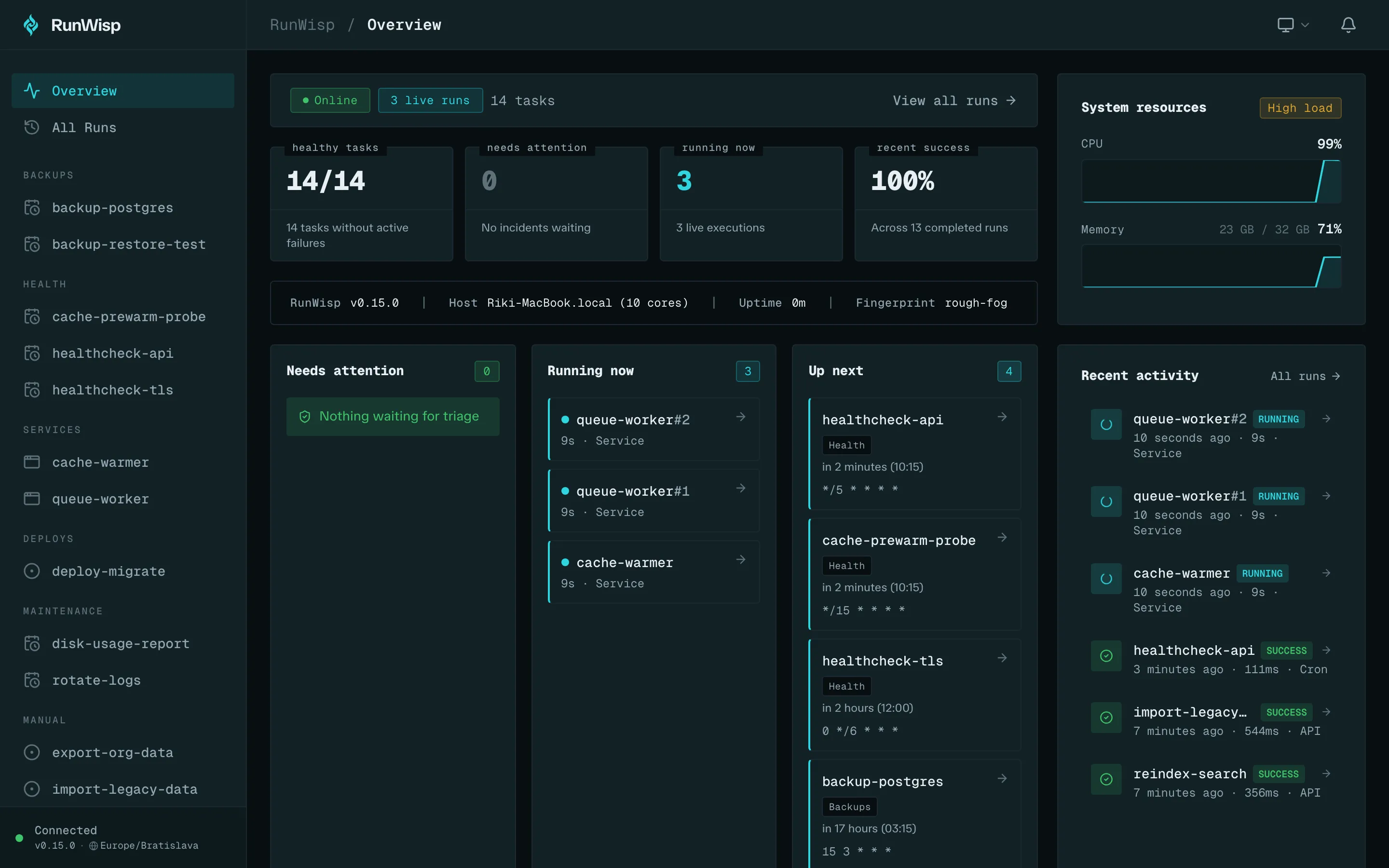 Overview page: daemon hero with sparklines, stats cards, task overview tabs (All · Attention · Running · Scheduled · Manual), and the recent activity feed.