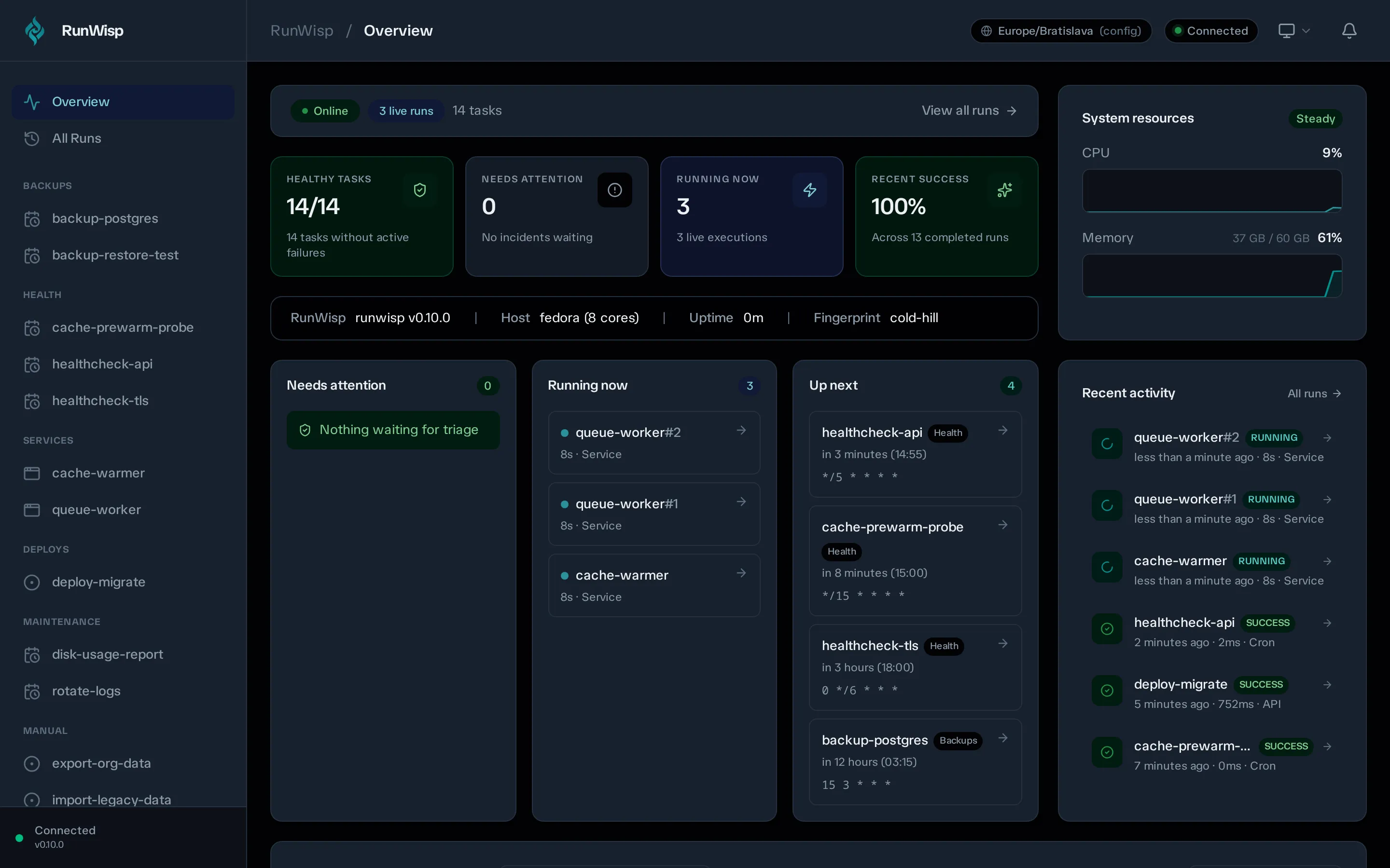 Overview page: daemon hero with sparklines, stats cards, task overview tabs (All · Attention · Running · Scheduled · Manual), and the recent activity feed.