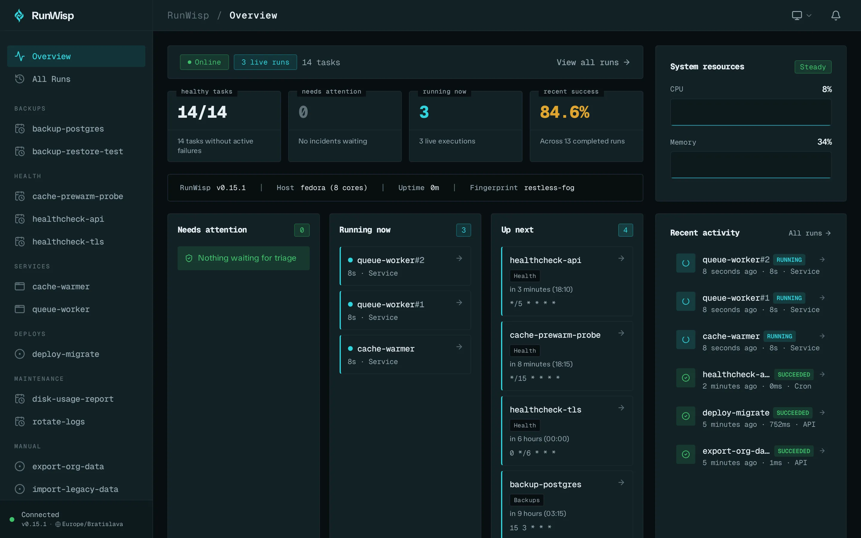 Web UI dashboard: sidebar with tasks and services, daemon header with sparklines, recent activity feed below.