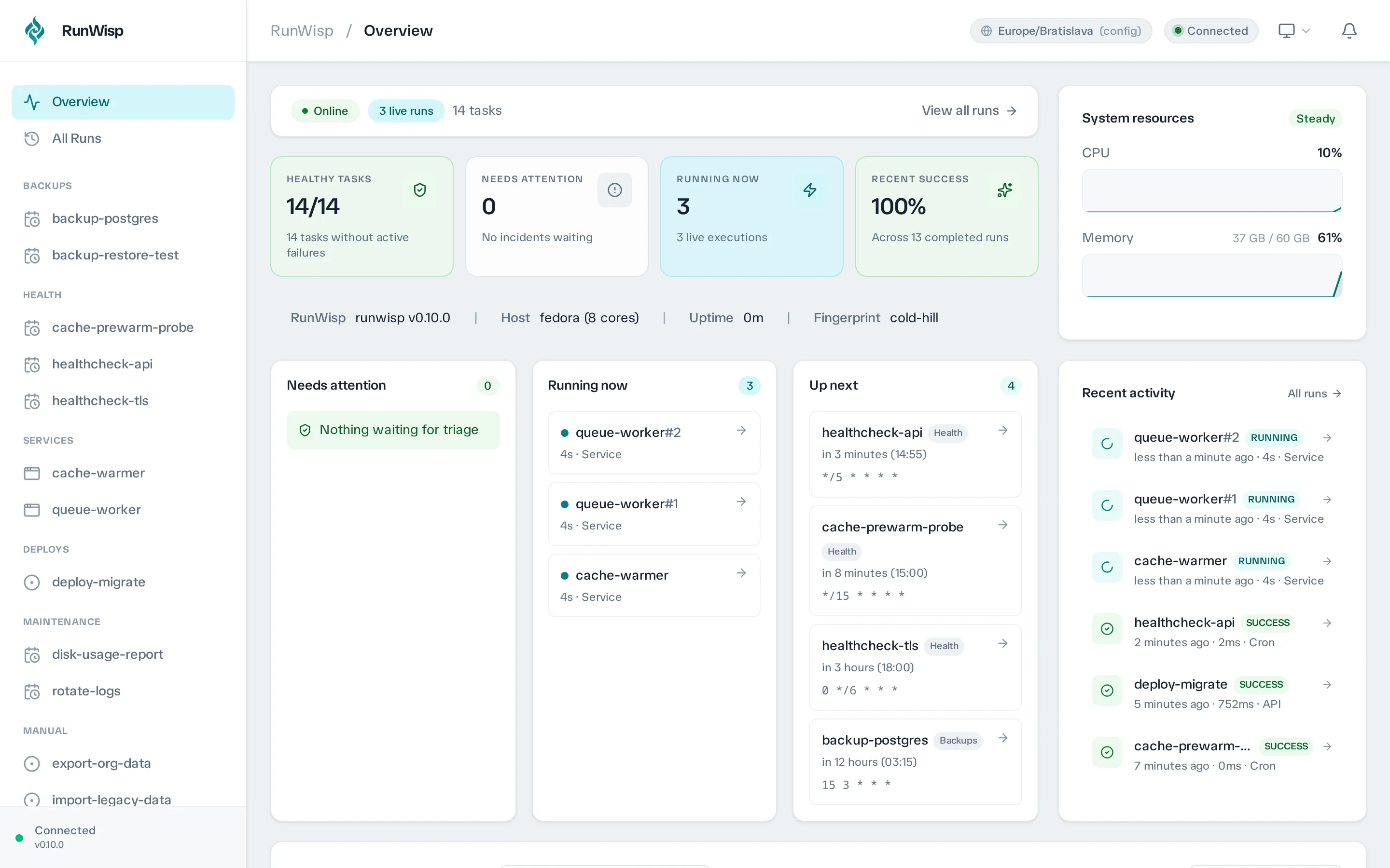 Overview page: daemon hero with sparklines, stats cards, task overview tabs (All · Attention · Running · Scheduled · Manual), and the recent activity feed.