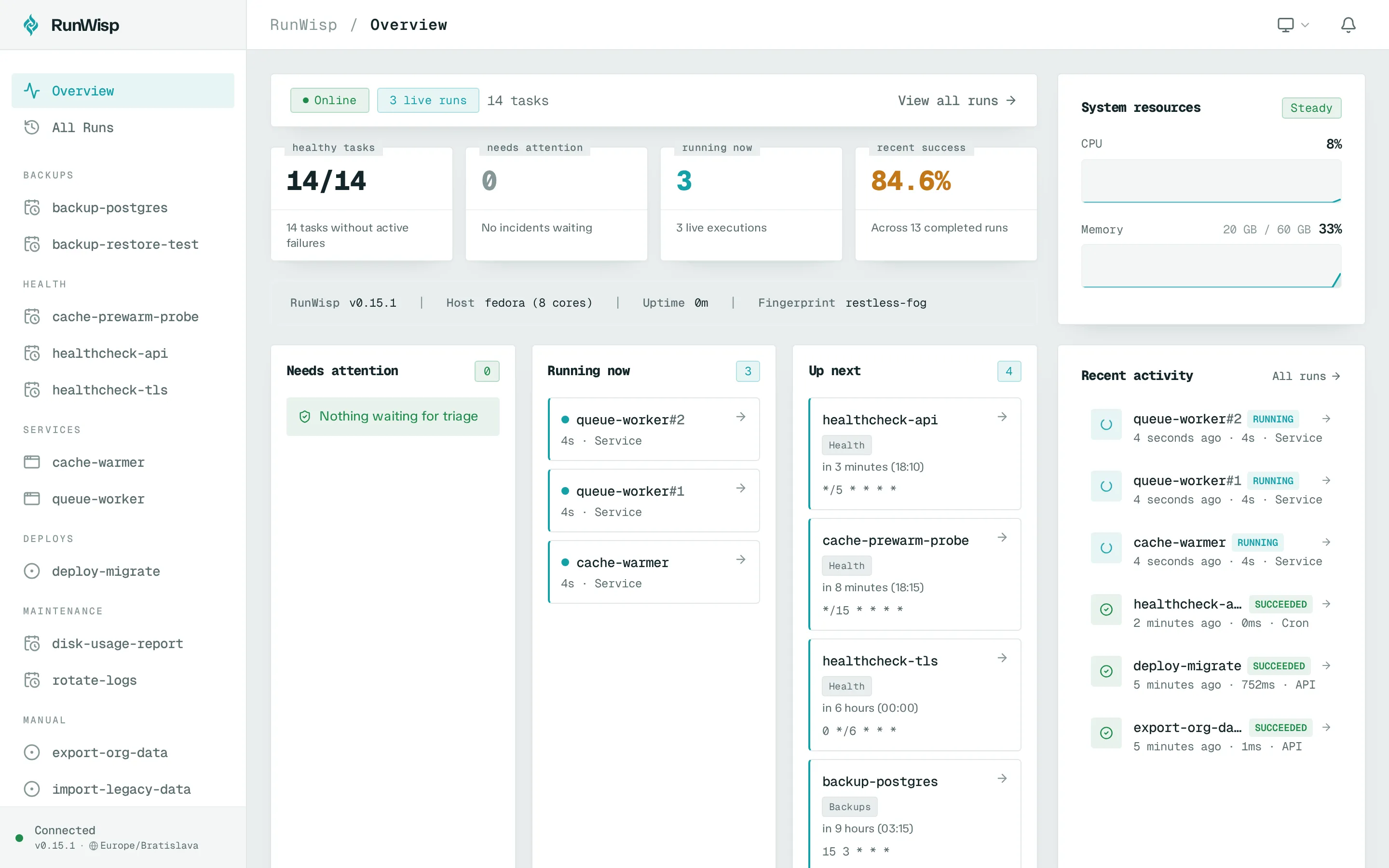 Web UI dashboard: sidebar with tasks and services, daemon header with sparklines, recent activity feed below.