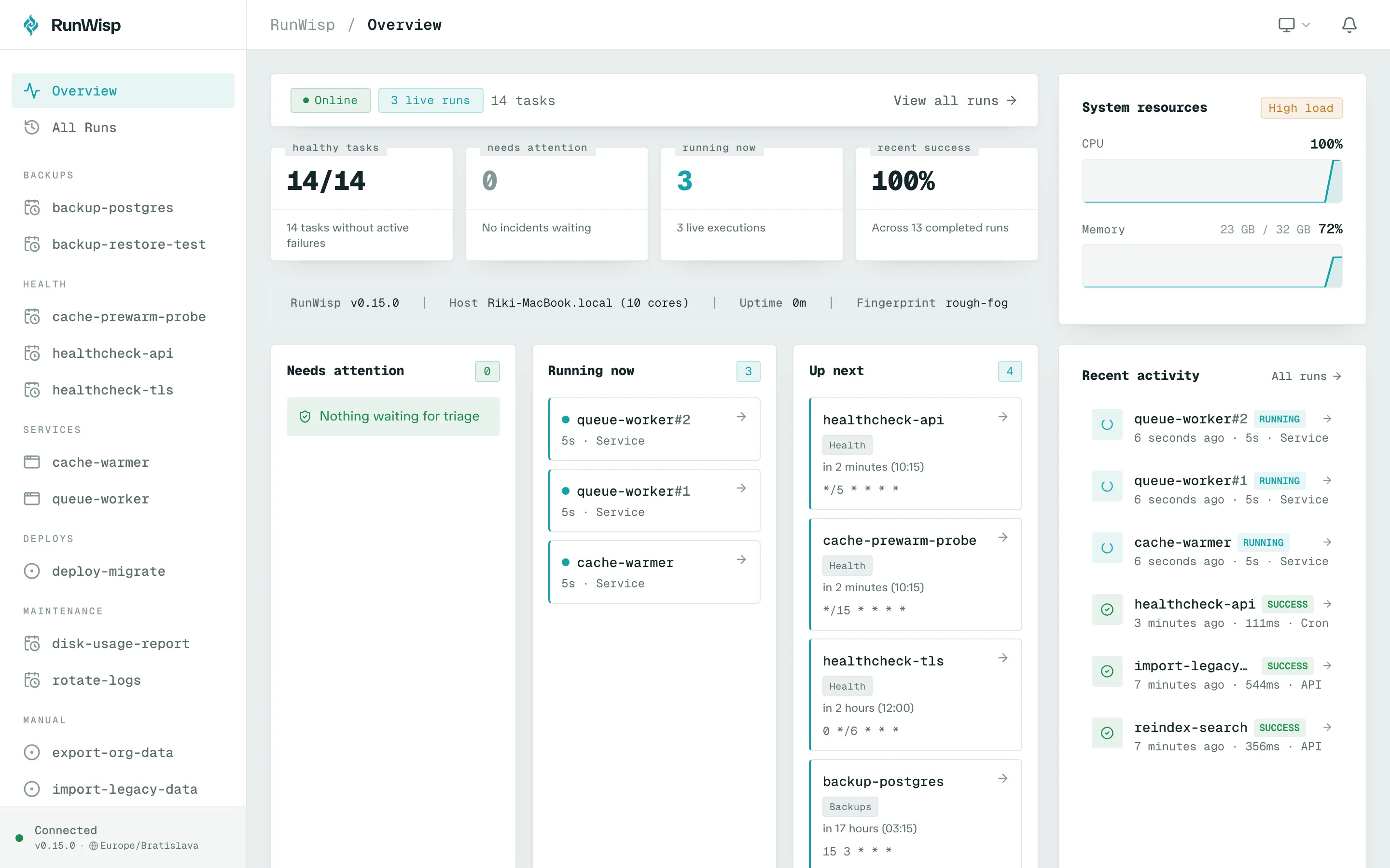Overview page: daemon hero with sparklines, stats cards, task overview tabs (All · Attention · Running · Scheduled · Manual), and the recent activity feed.