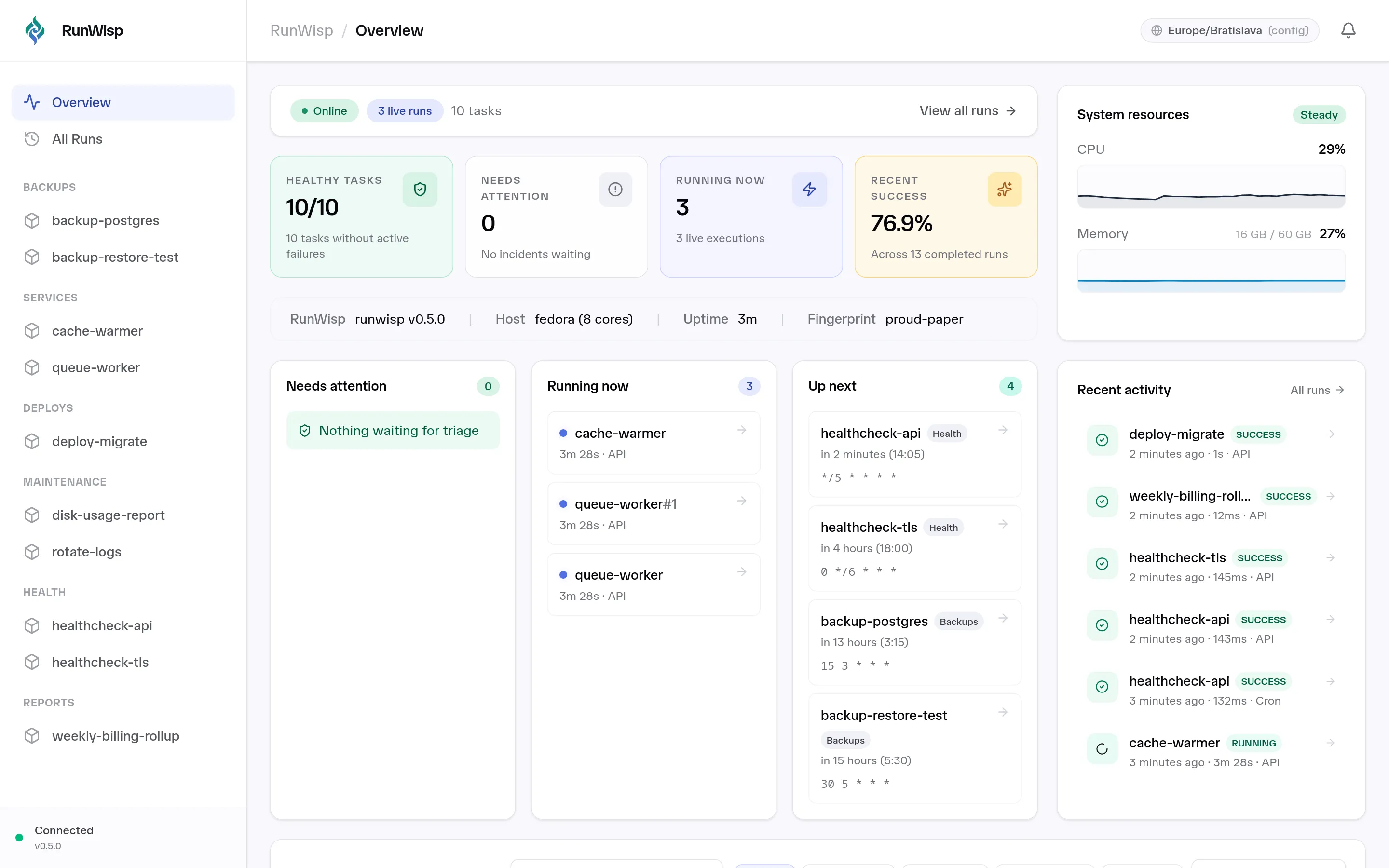 Web UI dashboard: sidebar with tasks and services, daemon header with sparklines, recent activity feed below.