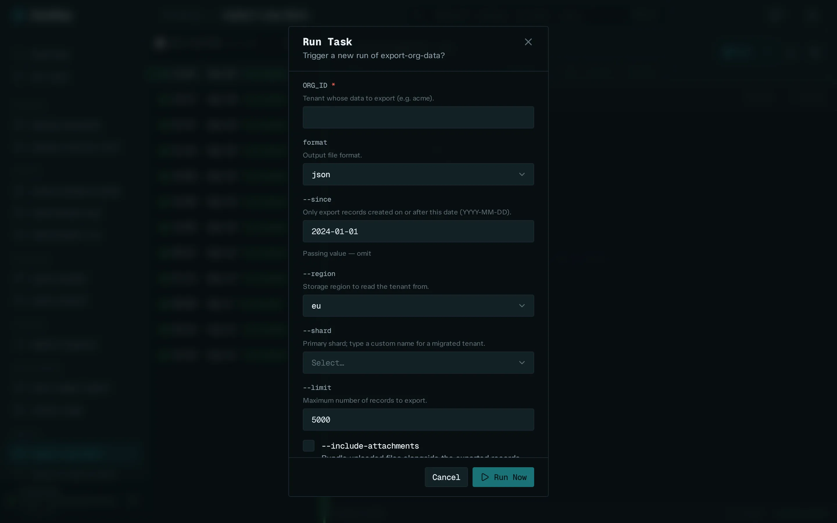 Run Task modal for a parameterised task: text fields, dropdowns, a number input, and a toggle, one control per declared parameter, each with help text underneath.