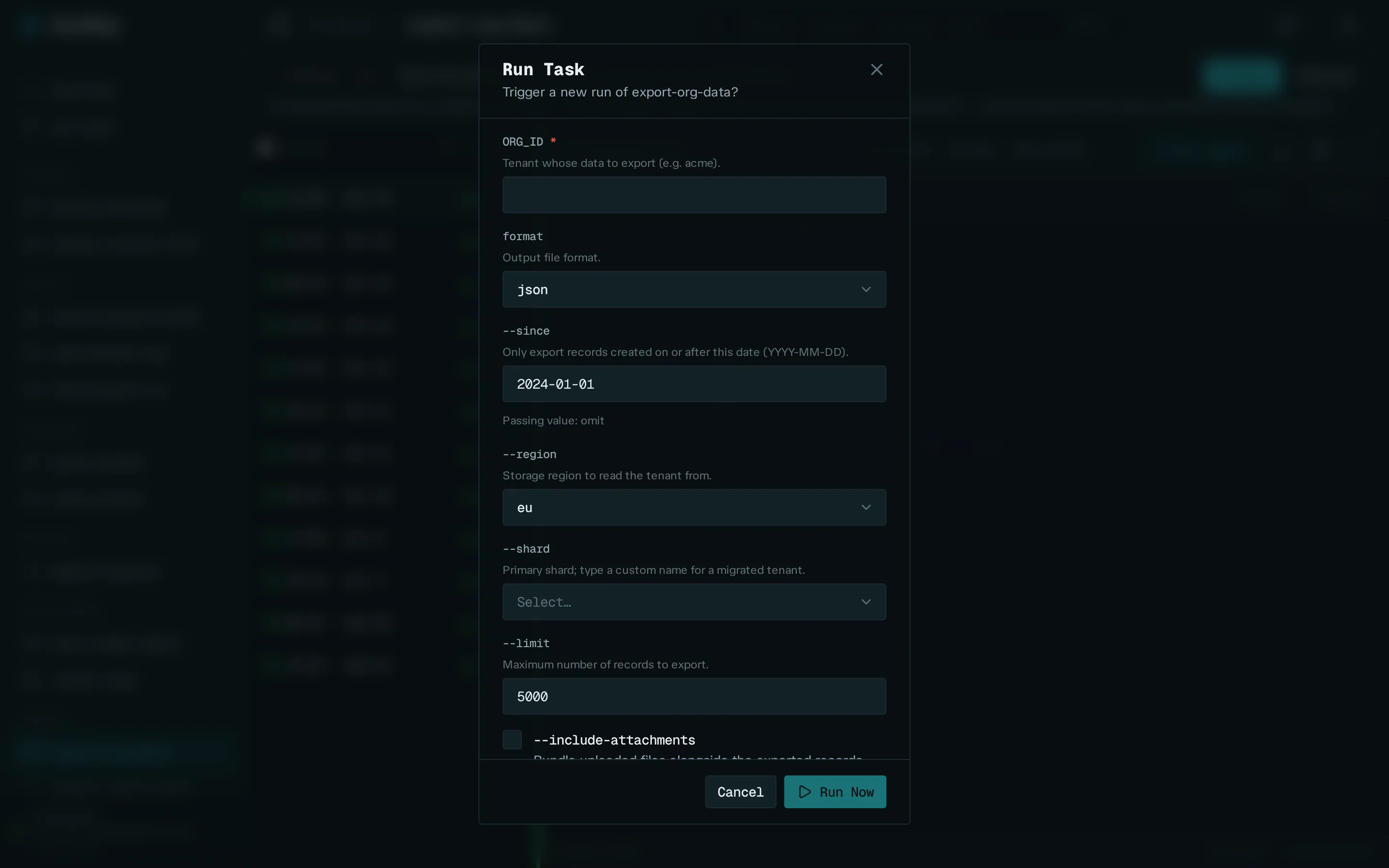 Run Task modal for export-org-data: a form of text fields, dropdowns, a number input, and a toggle, one control per declared parameter, each with help text underneath.