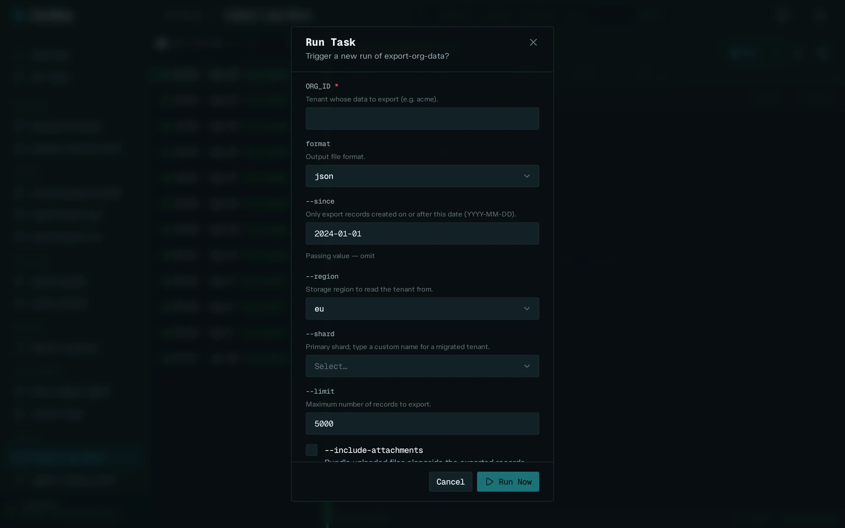 Run Task modal for export-org-data: a form of text fields, dropdowns, a number input, and a toggle — one control per declared parameter, each with help text underneath.