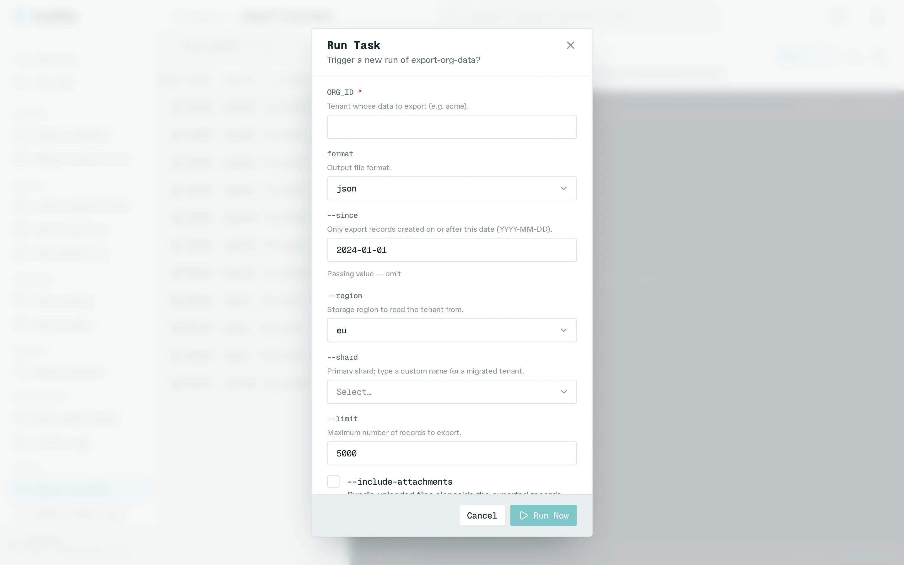 Run Task modal for export-org-data: a form of text fields, dropdowns, a number input, and a toggle — one control per declared parameter, each with help text underneath.