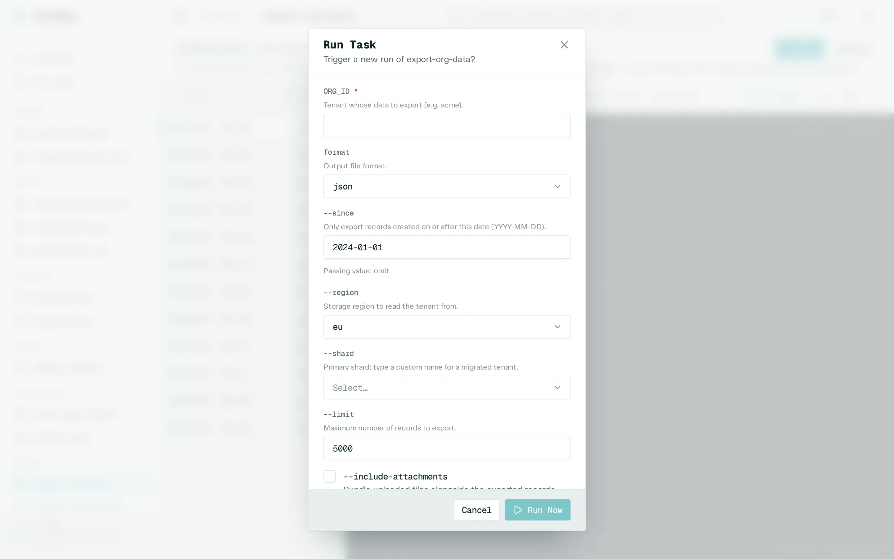 Run Task modal for export-org-data: a form of text fields, dropdowns, a number input, and a toggle, one control per declared parameter, each with help text underneath.