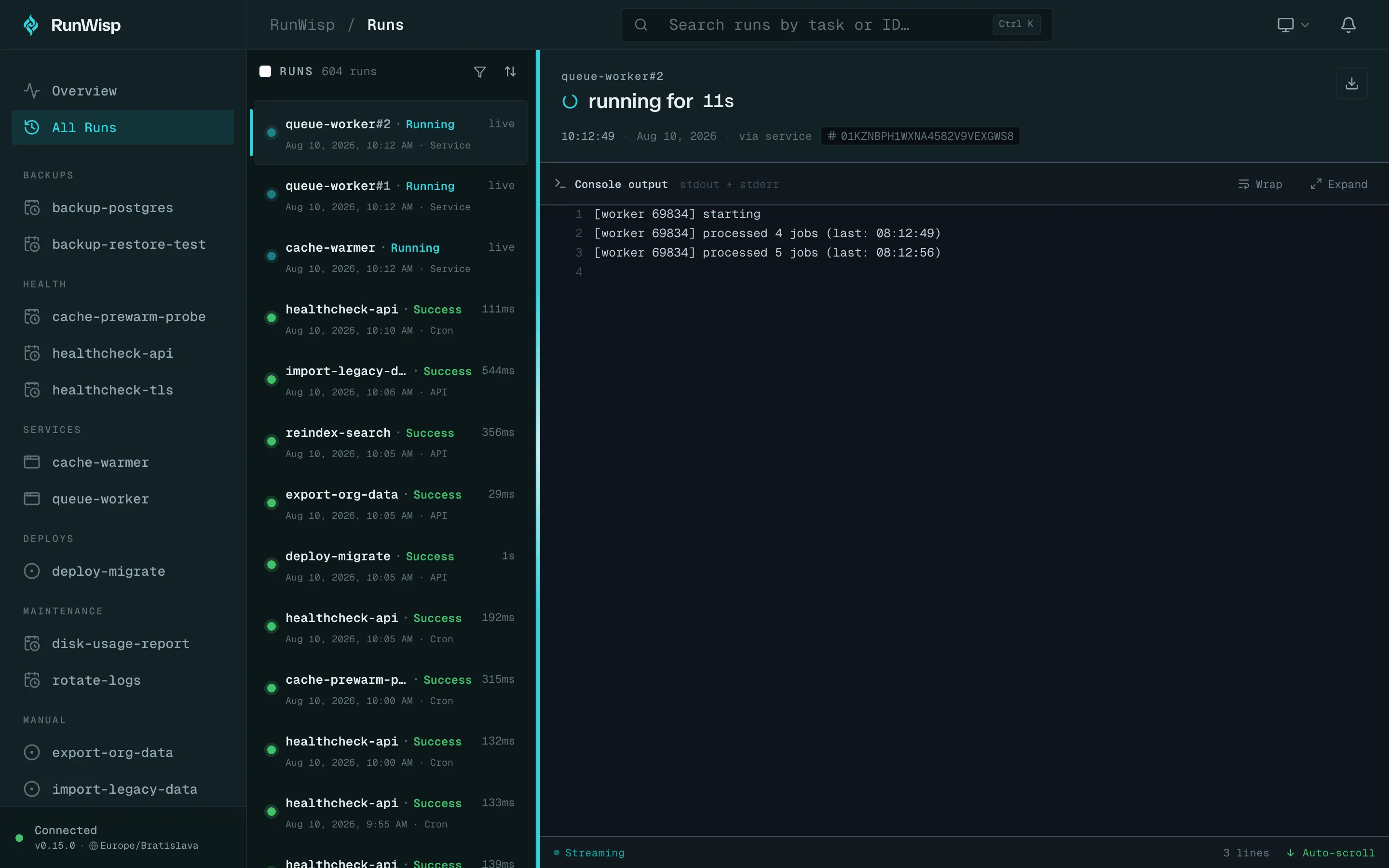 All Runs page: flat newest-first table of recent runs across every task with status icons, durations, and timestamps.