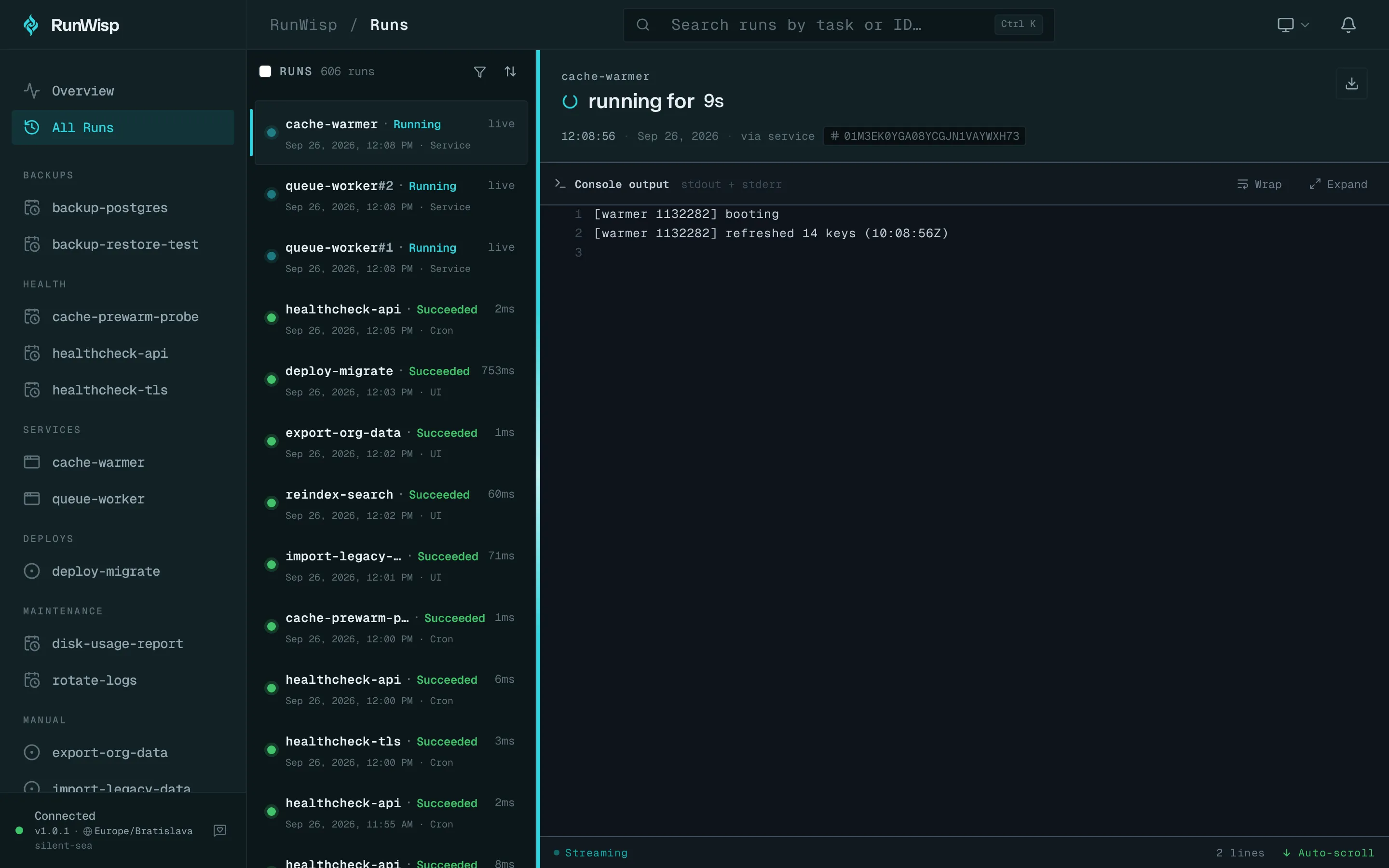 All Runs page: flat newest-first table of recent runs across every task with status icons, durations, and timestamps.