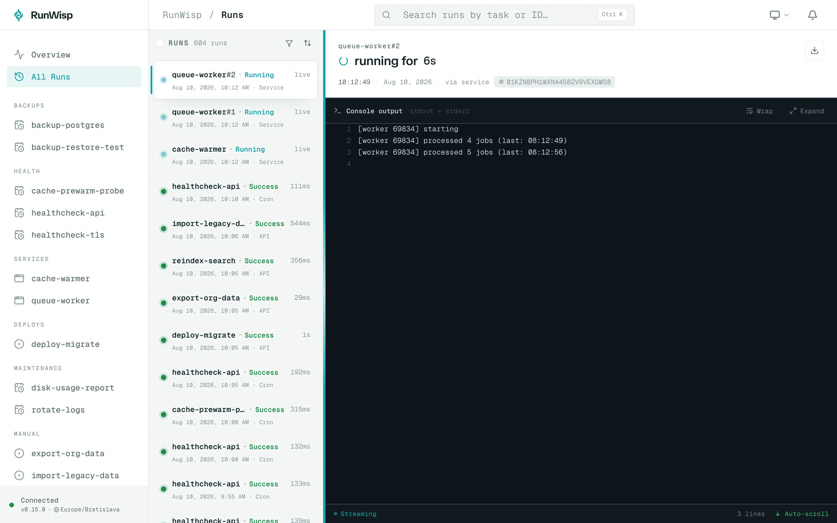 All Runs page: flat newest-first table of recent runs across every task with status icons, durations, and timestamps.