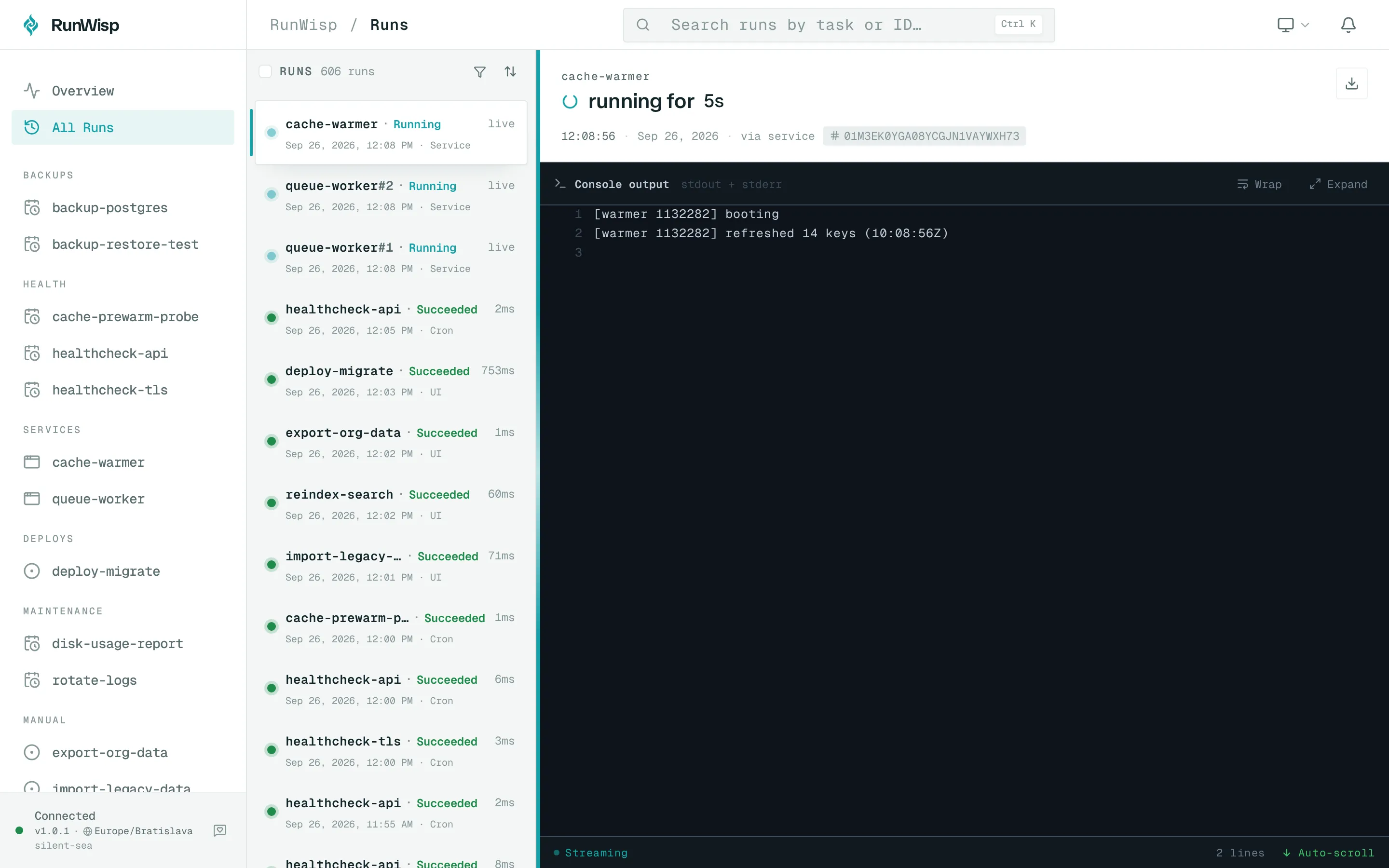 All Runs page: flat newest-first table of recent runs across every task with status icons, durations, and timestamps.