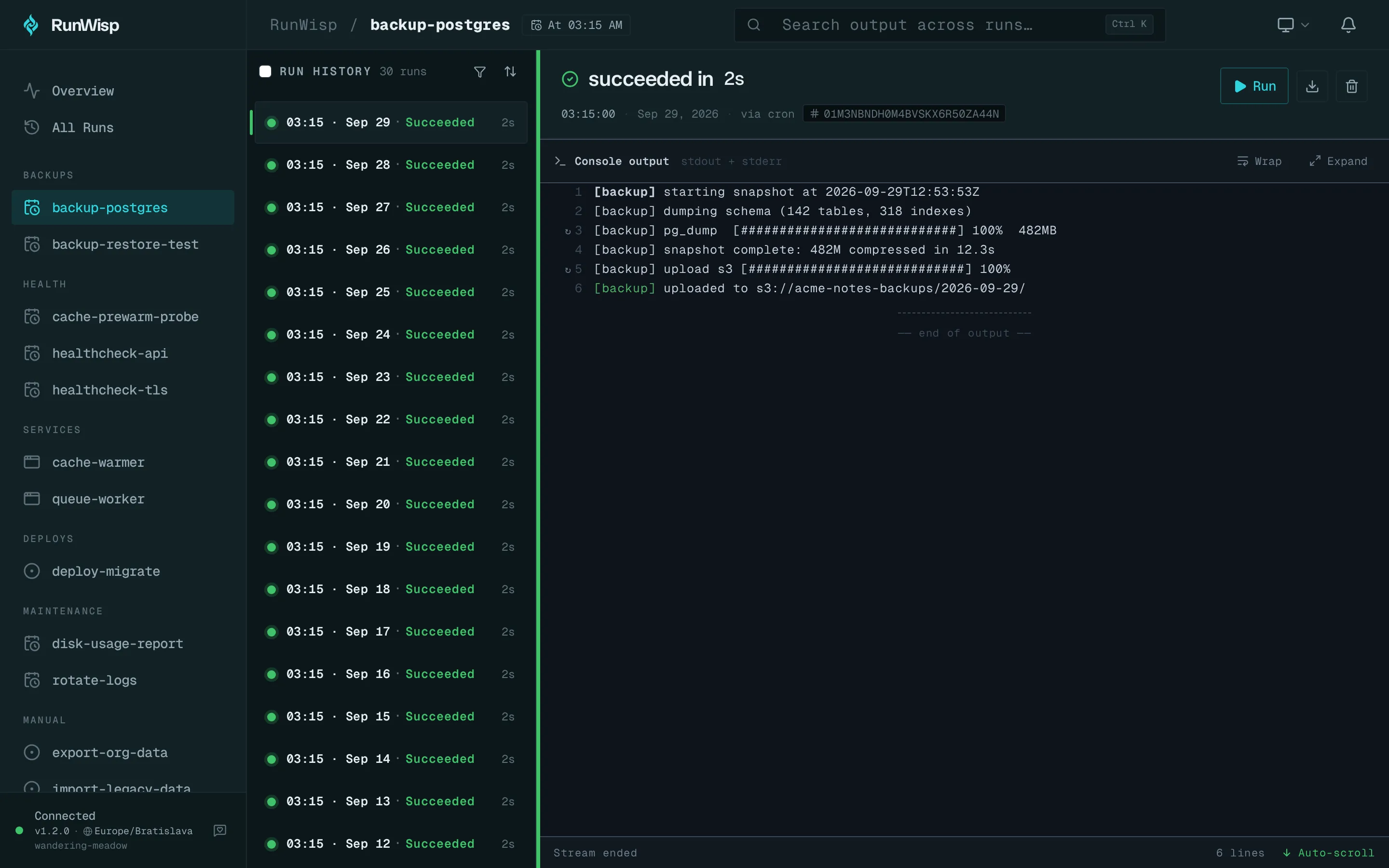 Task detail for a finished run: header with Run button, run history list on the side, log viewer occupying most of the pane.