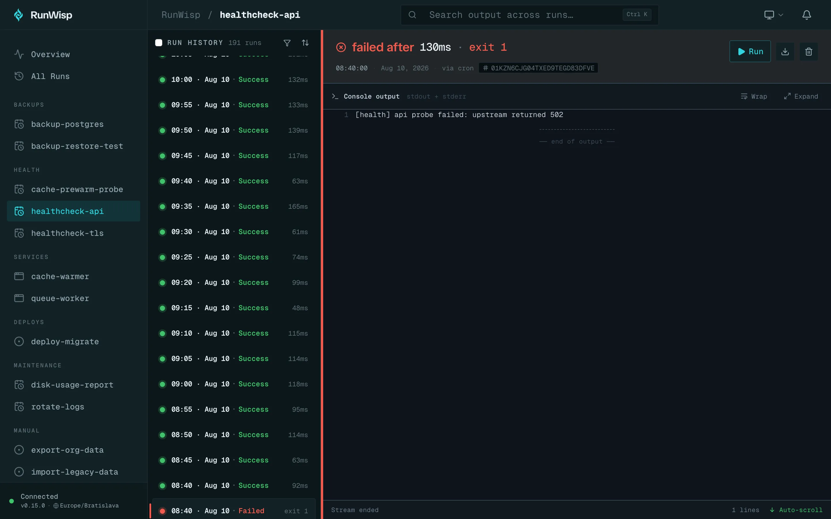 Task detail for a failed run: red FAILED status pill in the header, exit code next to duration, captured stderr filling the log pane.