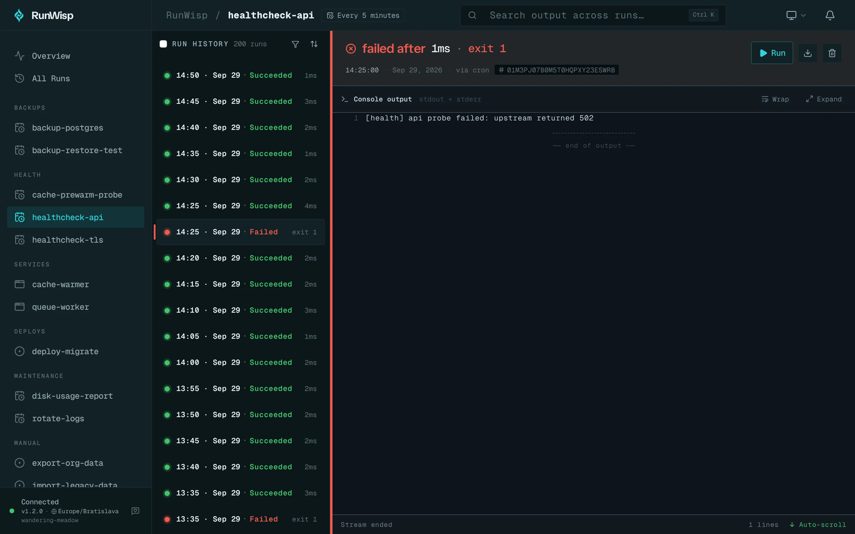 Task detail for a failed run: red FAILED status pill in the header, exit code next to duration, captured stderr filling the log pane.