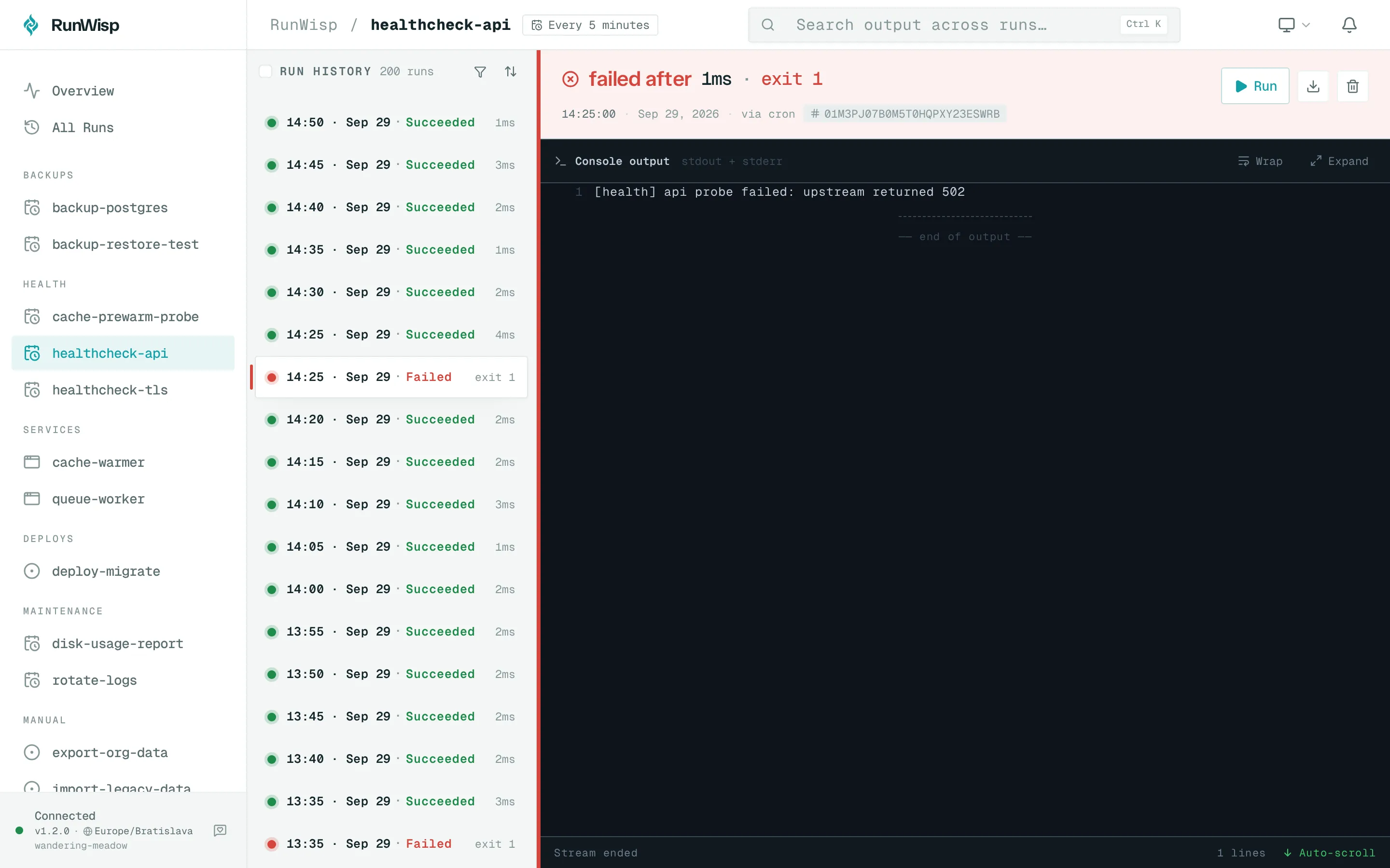 Task detail for a failed run: red FAILED status pill in the header, exit code next to duration, captured stderr filling the log pane.