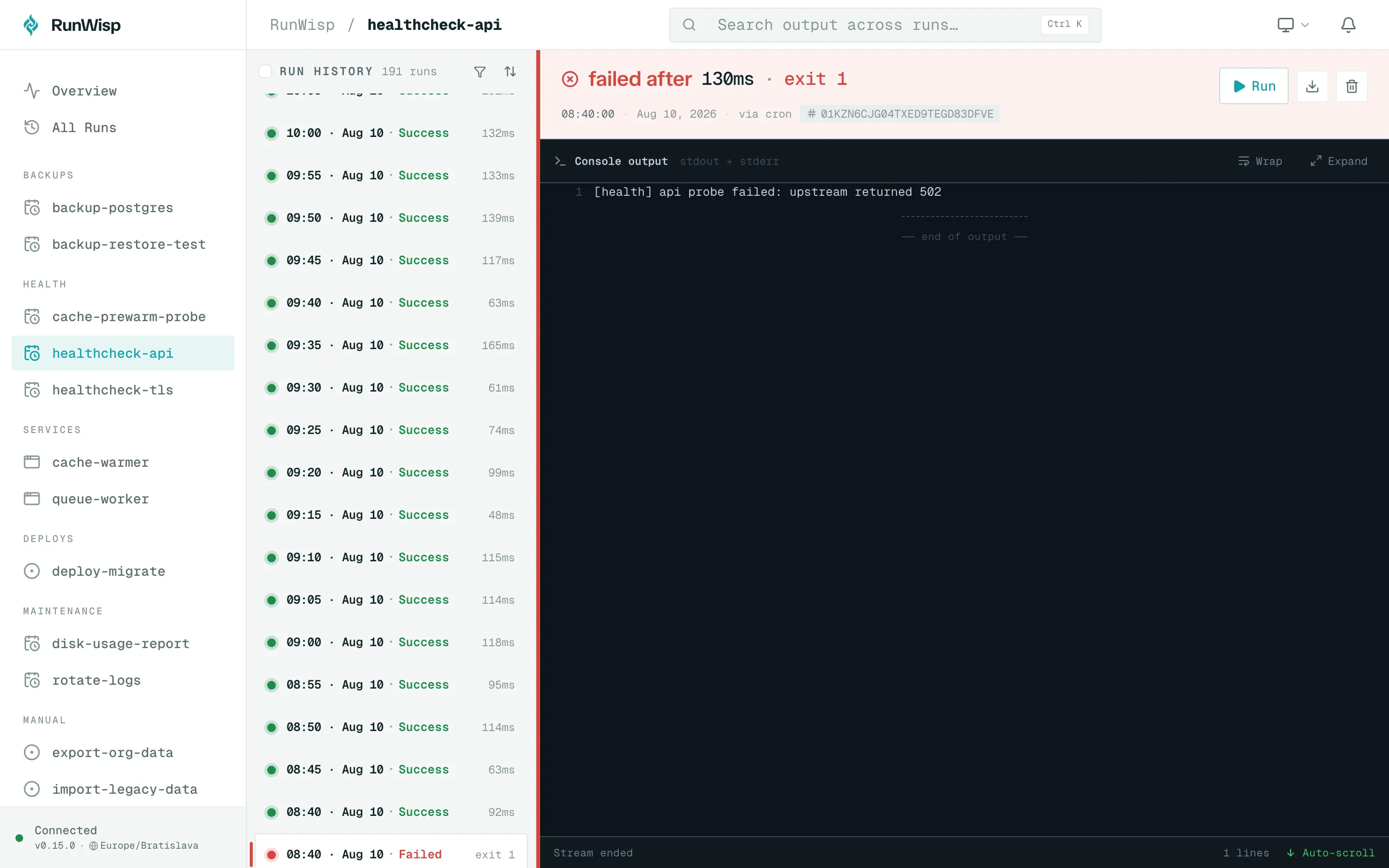 Task detail for a failed run: red FAILED status pill in the header, exit code next to duration, captured stderr filling the log pane.